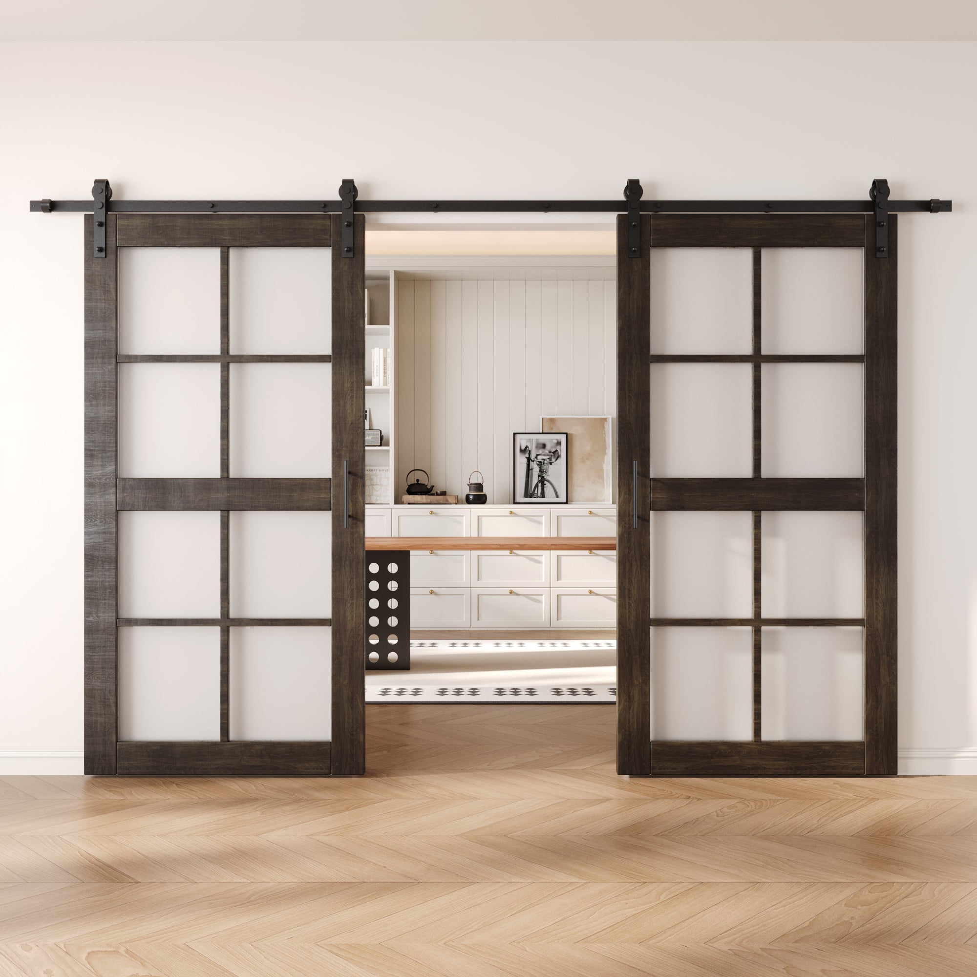 80" Height Ebony 8-Lite Frosted Glass Double Unassembled & Finished Pine Wood Barn Doors with Non-Bypass Installation Hardware Kit (Interior Use Only)