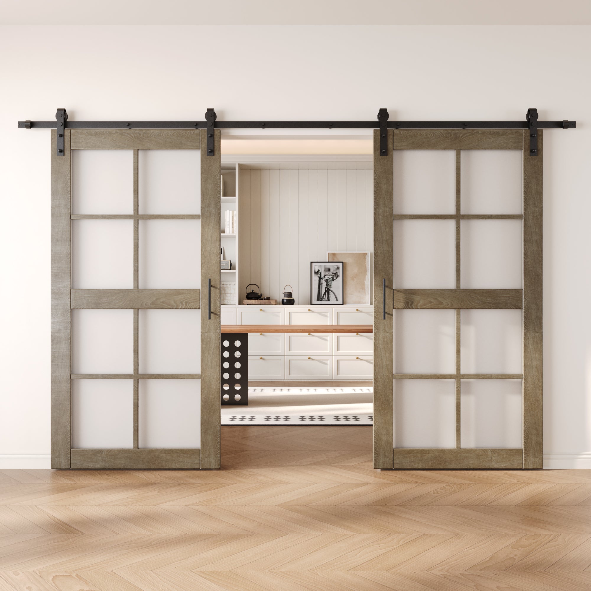 80" Height Classic Gray 8-Lite Frosted Glass Double Unassembled & Finished Pine Wood Barn Doors with Non-Bypass Installation Hardware Kit (Interior Use Only)