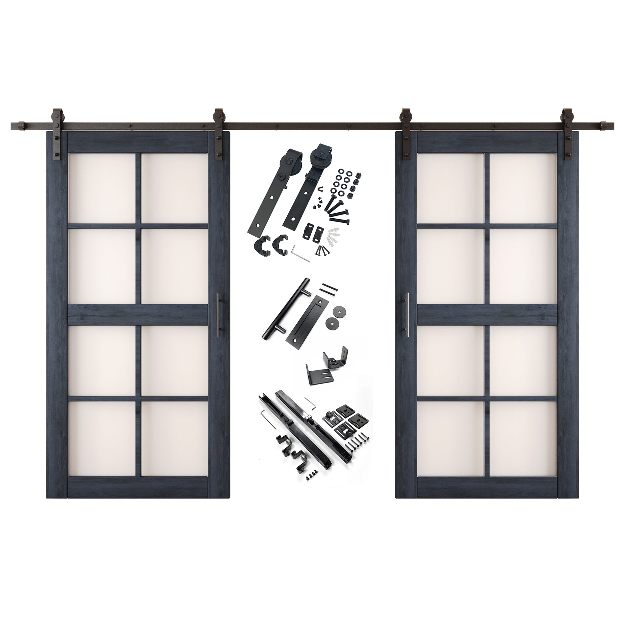 80" Height Navy 8-Lite Frosted Glass Double Unassembled & Finished Pine Wood Barn Doors with Non-Bypass Installation Hardware Kit (Interior Use Only)