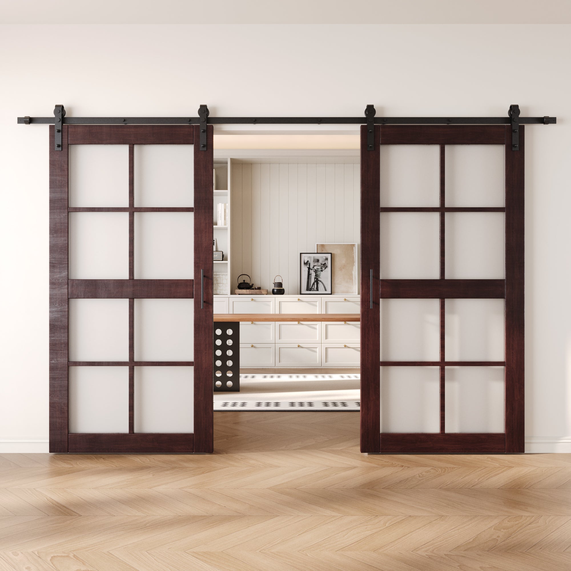 80" Height Red Mahogany 8-Lite Frosted Glass Double Unassembled & Finished Pine Wood Barn Doors with Non-Bypass Installation Hardware Kit (Interior Use Only)