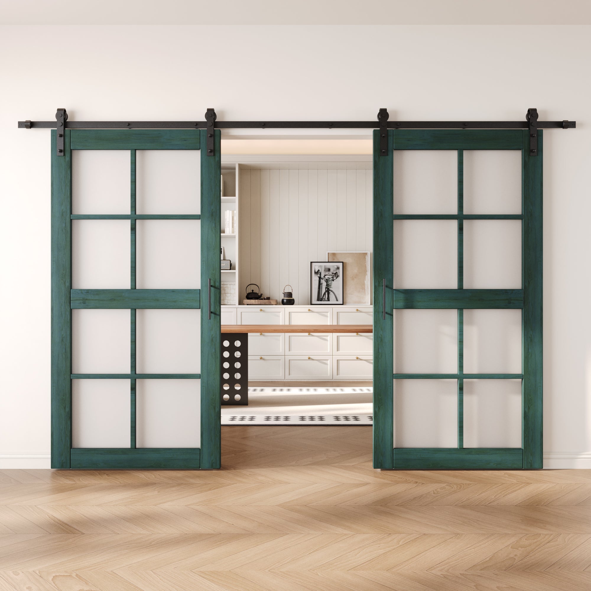 80" Height Royal Pine 8-Lite Frosted Glass Double Unassembled & Finished Pine Wood Barn Doors with Non-Bypass Installation Hardware Kit (Interior Use Only)