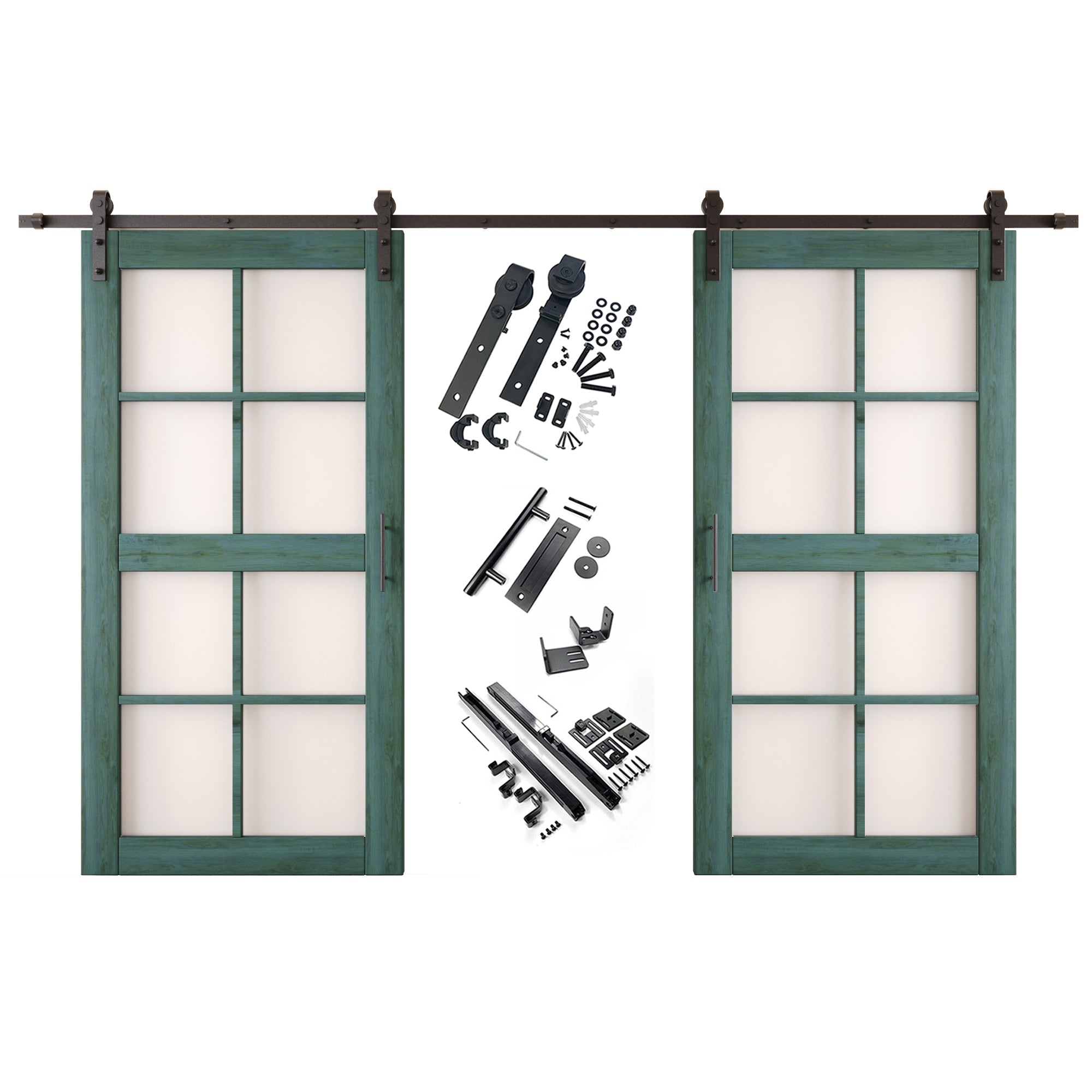 80" Height Royal Pine 8-Lite Frosted Glass Double Unassembled & Finished Pine Wood Barn Doors with Non-Bypass Installation Hardware Kit (Interior Use Only)