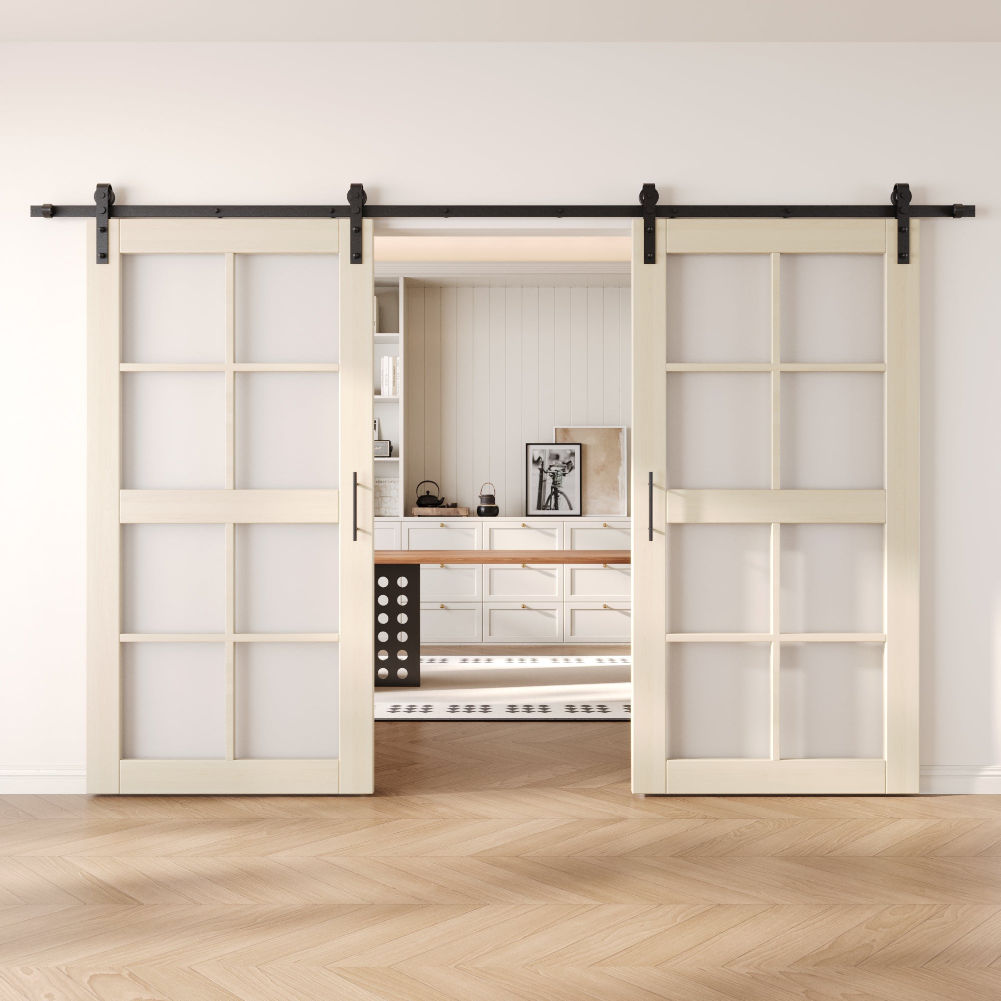 80" Height Tinsmith Gray 8-Lite Frosted Glass Double Unassembled & Finished Pine Wood Barn Doors with Non-Bypass Installation Hardware Kit (Interior Use Only)
