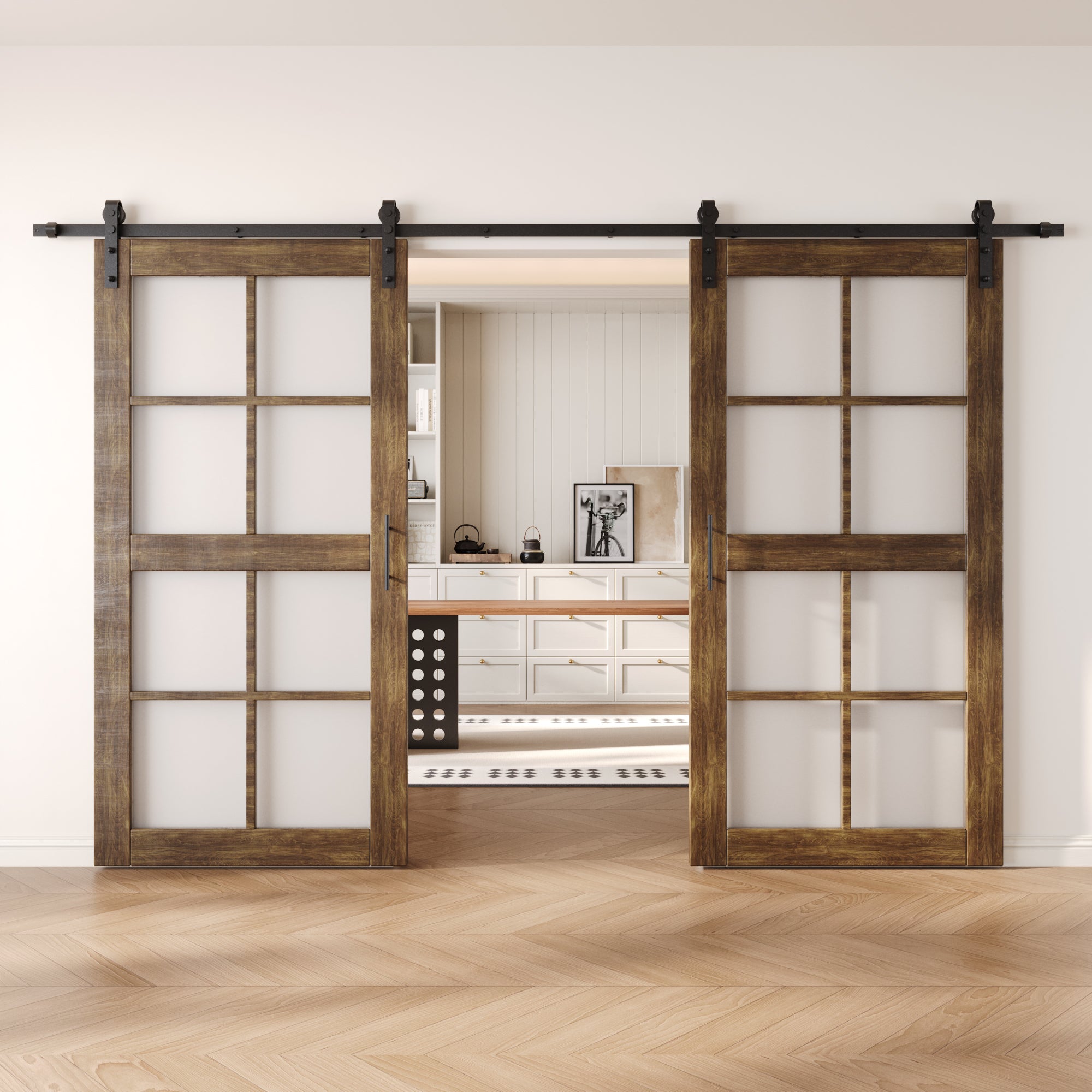 80" Height Dark Walnut 8-Lite Frosted Glass Double Unassembled & Finished Pine Wood Barn Doors with Non-Bypass Installation Hardware Kit (Interior Use Only)