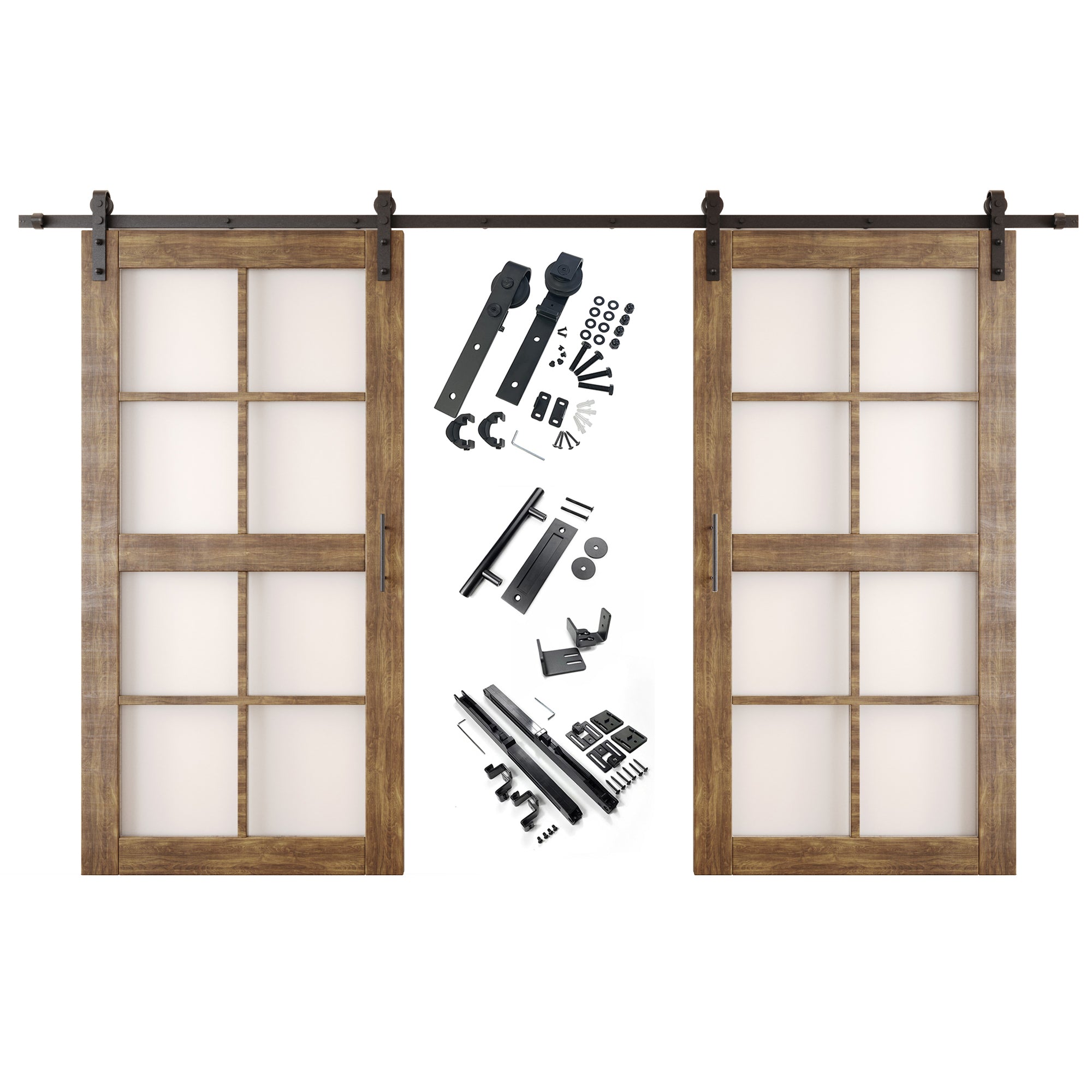 80" Height Dark Walnut 8-Lite Frosted Glass Double Unassembled & Finished Pine Wood Barn Doors with Non-Bypass Installation Hardware Kit (Interior Use Only)