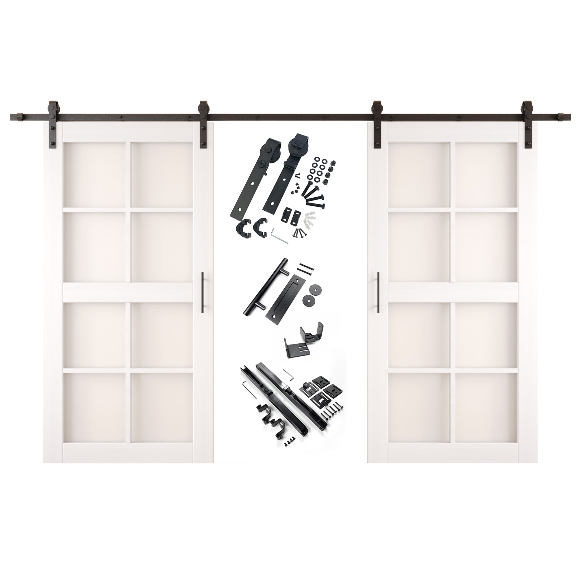 80" Height White 8-Lite Frosted Glass Double Unassembled & Finished Pine Wood Barn Doors with Non-Bypass Installation Hardware Kit (Interior Use Only)