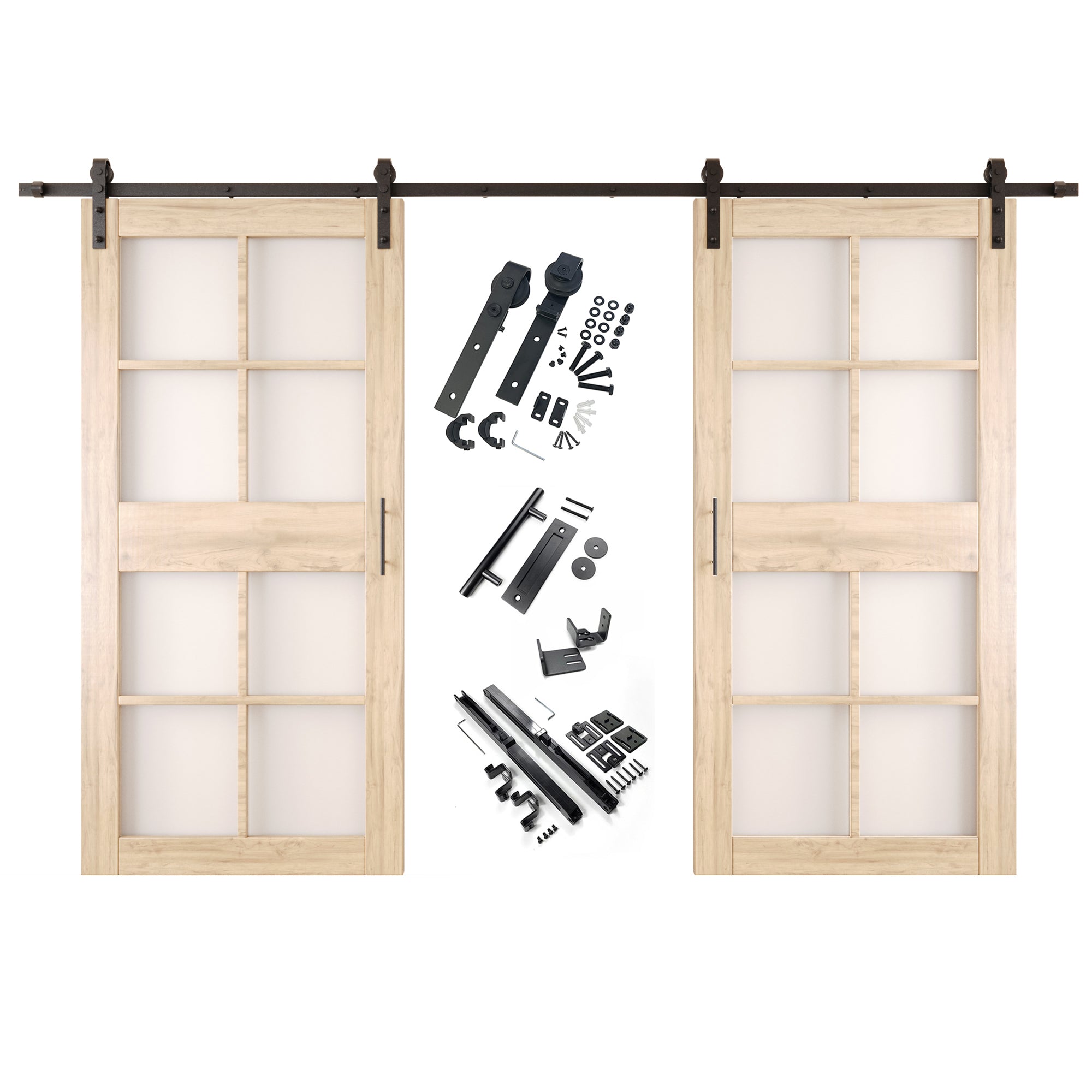 84" Height 8-Lite Frosted Glass Double Unassembled & Unfinished Pine Wood Barn Doors with Non-Bypass Installation Hardware Kit (Interior Use Only)