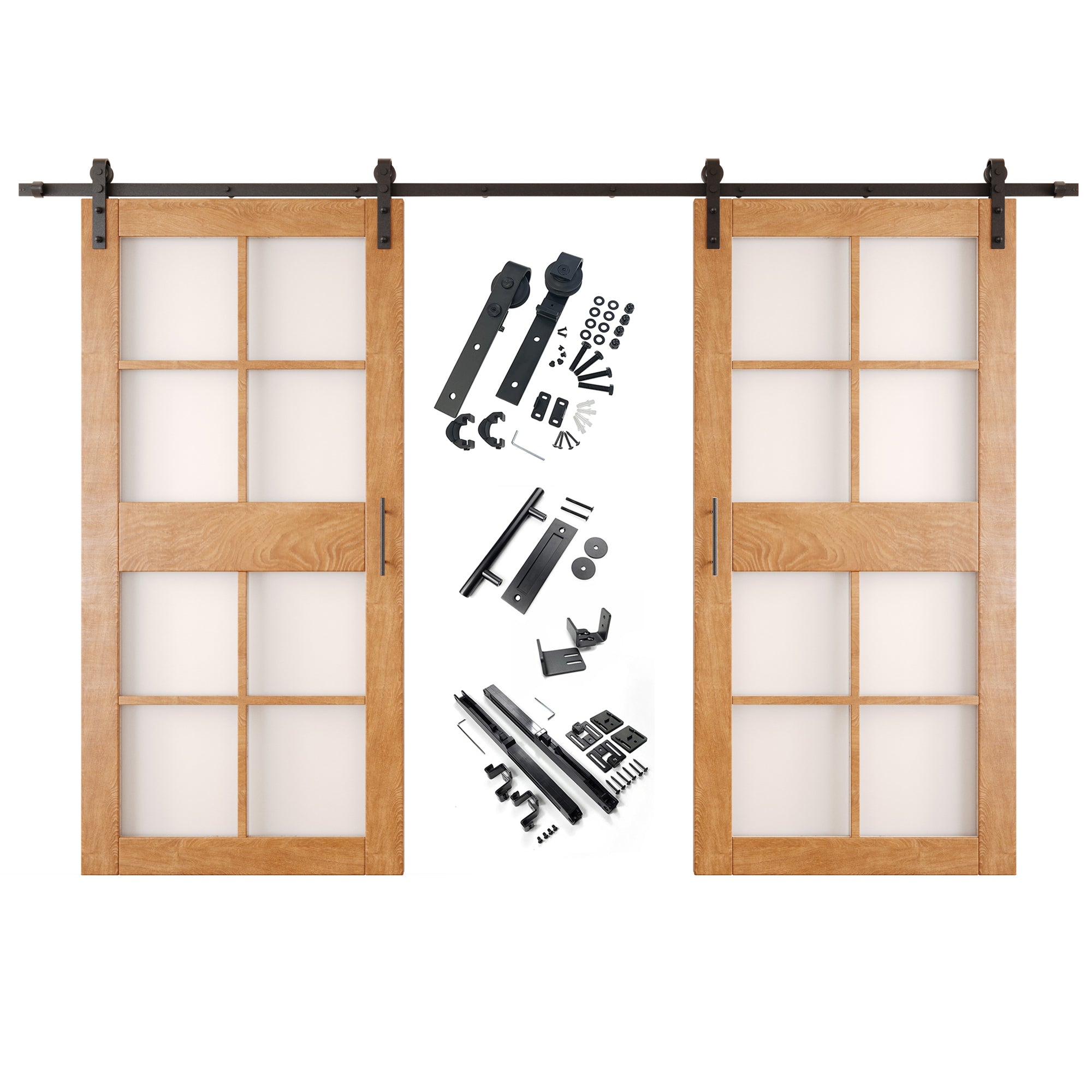 84" Height Early American 8-Lite Frosted Glass Double Unassembled & Finished Pine Wood Barn Doors with Non-Bypass Installation Hardware Kit (Interior Use Only)