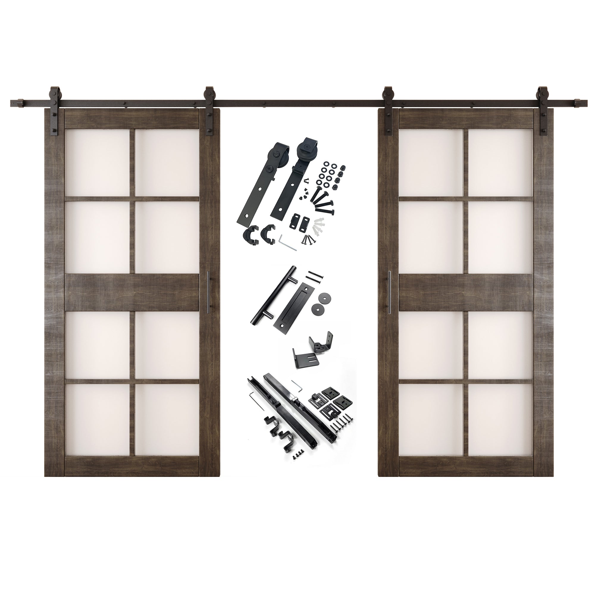 84" Height Ebony 8-Lite Frosted Glass Double Unassembled & Finished Pine Wood Barn Doors with Non-Bypass Installation Hardware Kit (Interior Use Only)