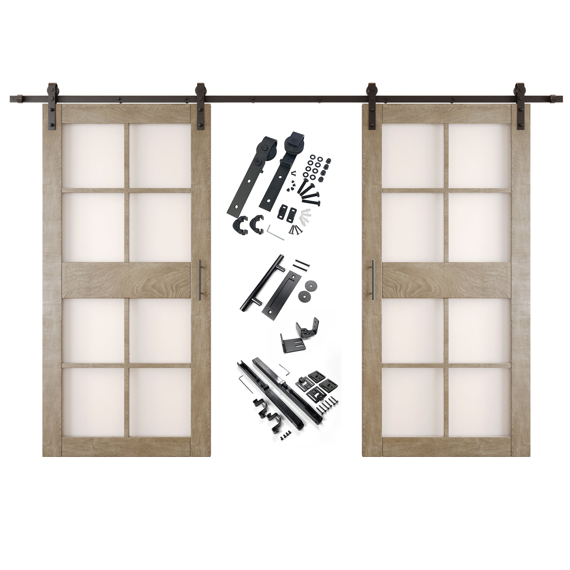 84" Height Classic Gray 8-Lite Frosted Glass Double Unassembled & Finished Pine Wood Barn Doors with Non-Bypass Installation Hardware Kit (Interior Use Only)