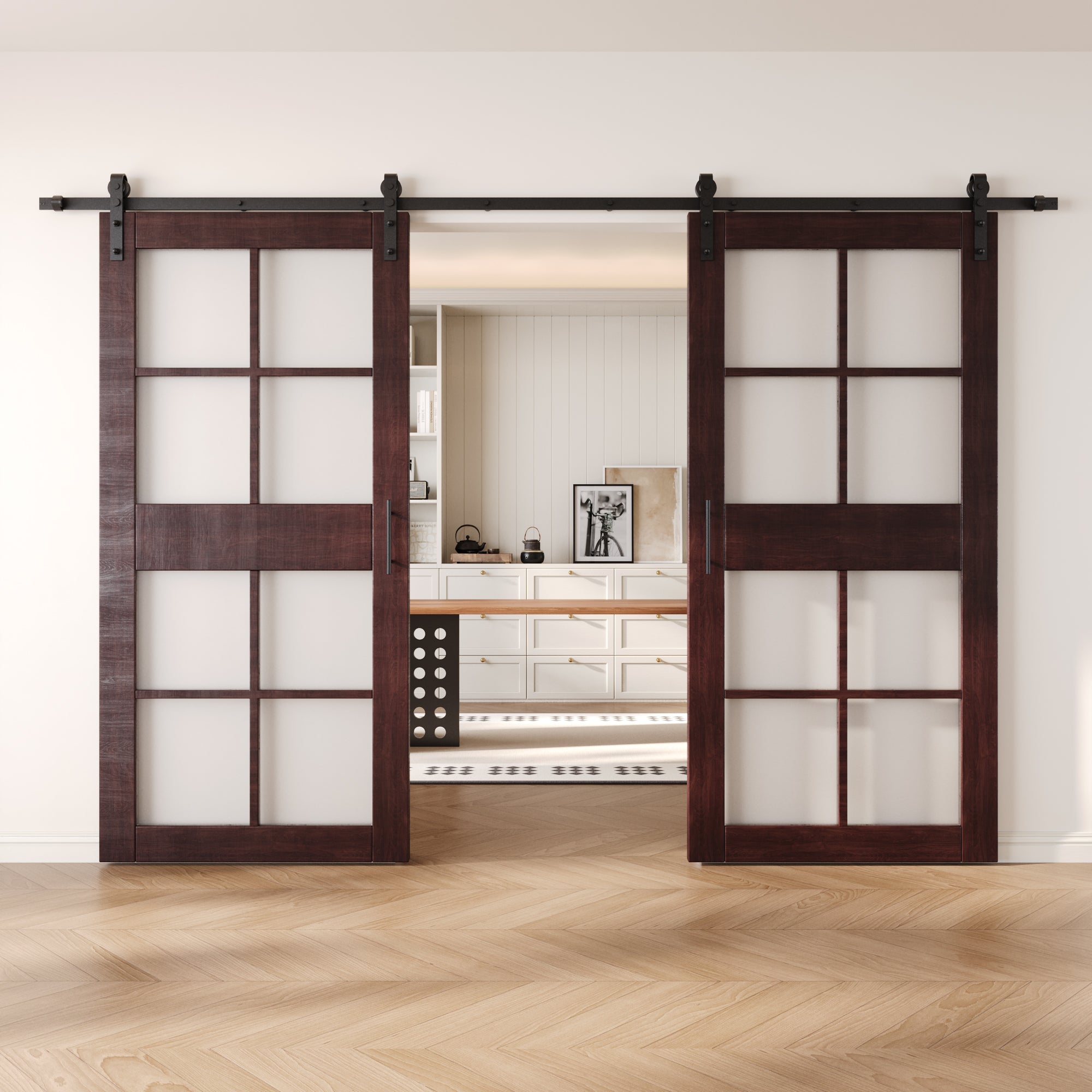 84" Height Red Mahogany 8-Lite Frosted Glass Double Unassembled & Finished Pine Wood Barn Doors with Non-Bypass Installation Hardware Kit (Interior Use Only)