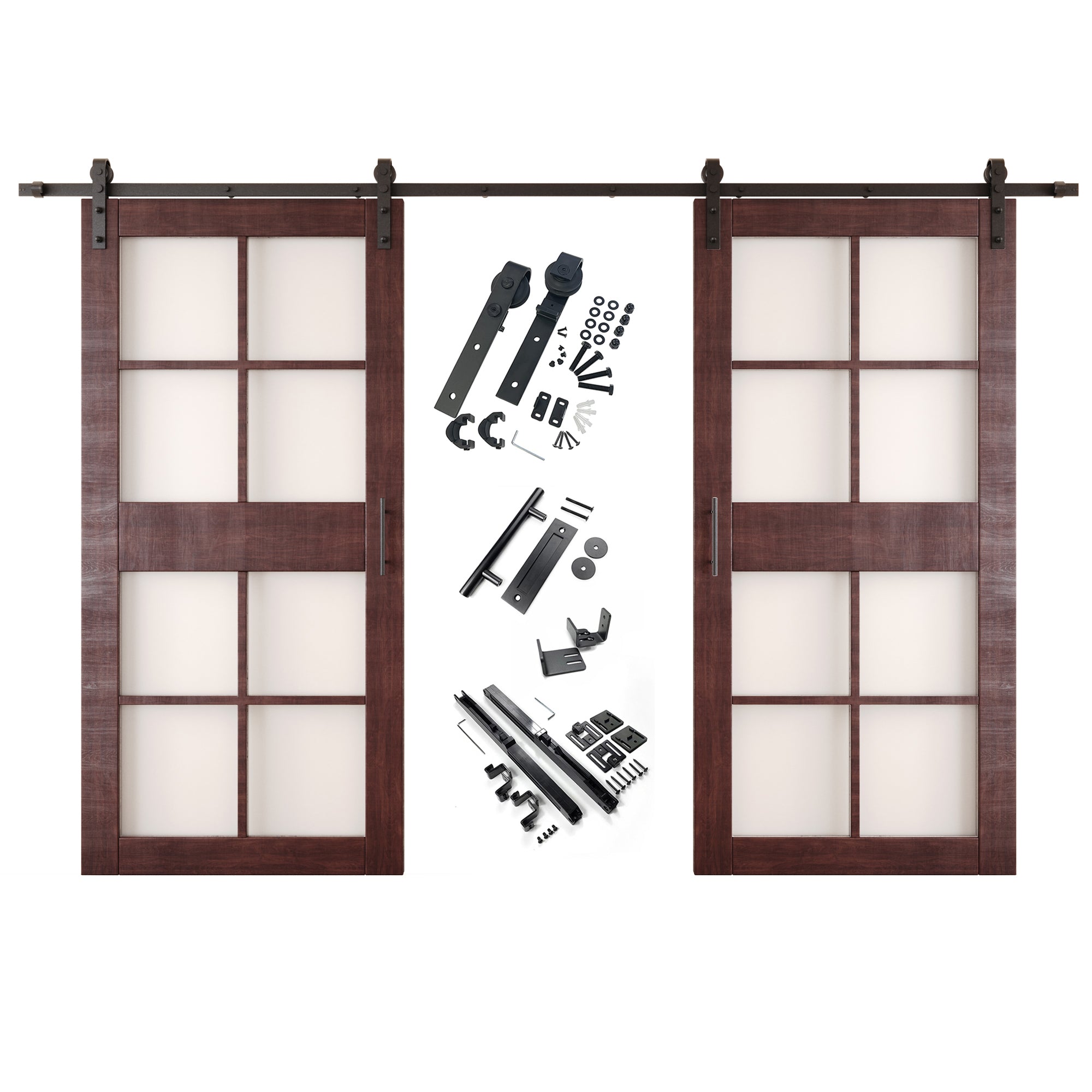 84" Height Red Mahogany 8-Lite Frosted Glass Double Unassembled & Finished Pine Wood Barn Doors with Non-Bypass Installation Hardware Kit (Interior Use Only)