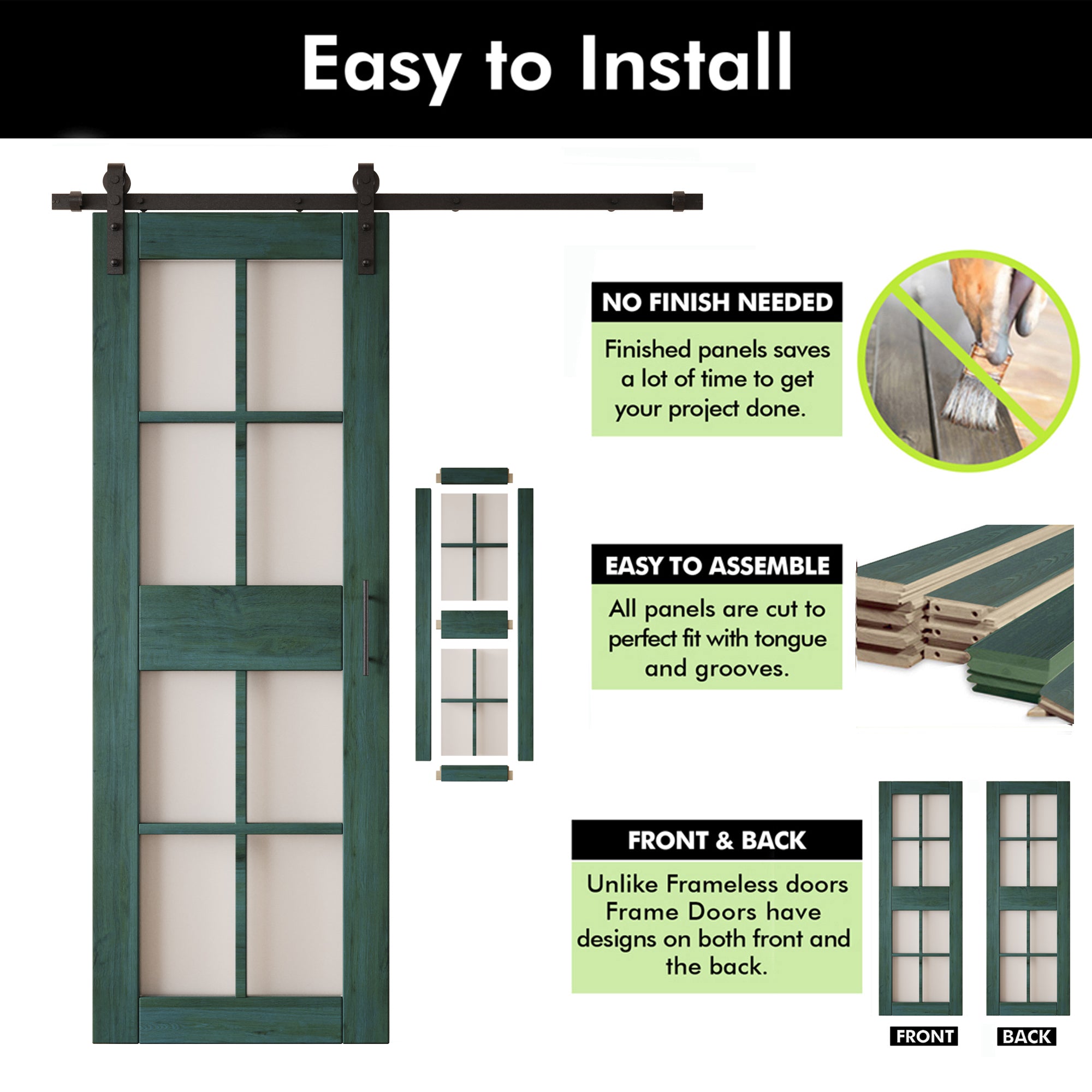 84" Height Royal Pine 8-Lite Frosted Glass Double Unassembled & Finished Pine Wood Barn Doors with Non-Bypass Installation Hardware Kit (Interior Use Only)