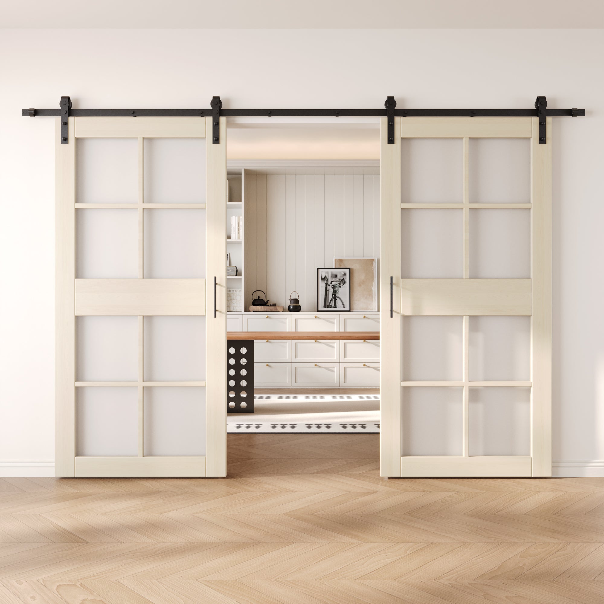 84" Height Tinsmith Gray 8-Lite Frosted Glass Double Unassembled & Finished Pine Wood Barn Doors with Non-Bypass Installation Hardware Kit (Interior Use Only)