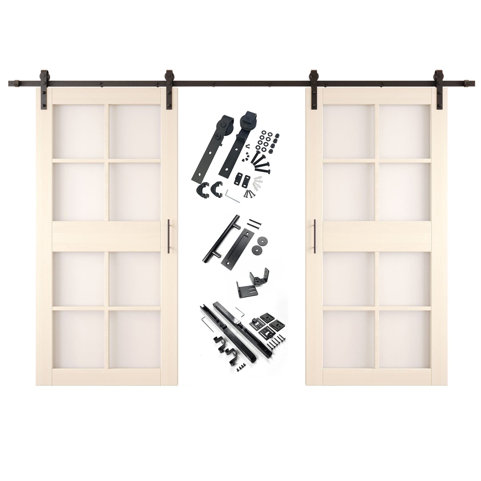 84" Height Tinsmith Gray 8-Lite Frosted Glass Double Unassembled & Finished Pine Wood Barn Doors with Non-Bypass Installation Hardware Kit (Interior Use Only)