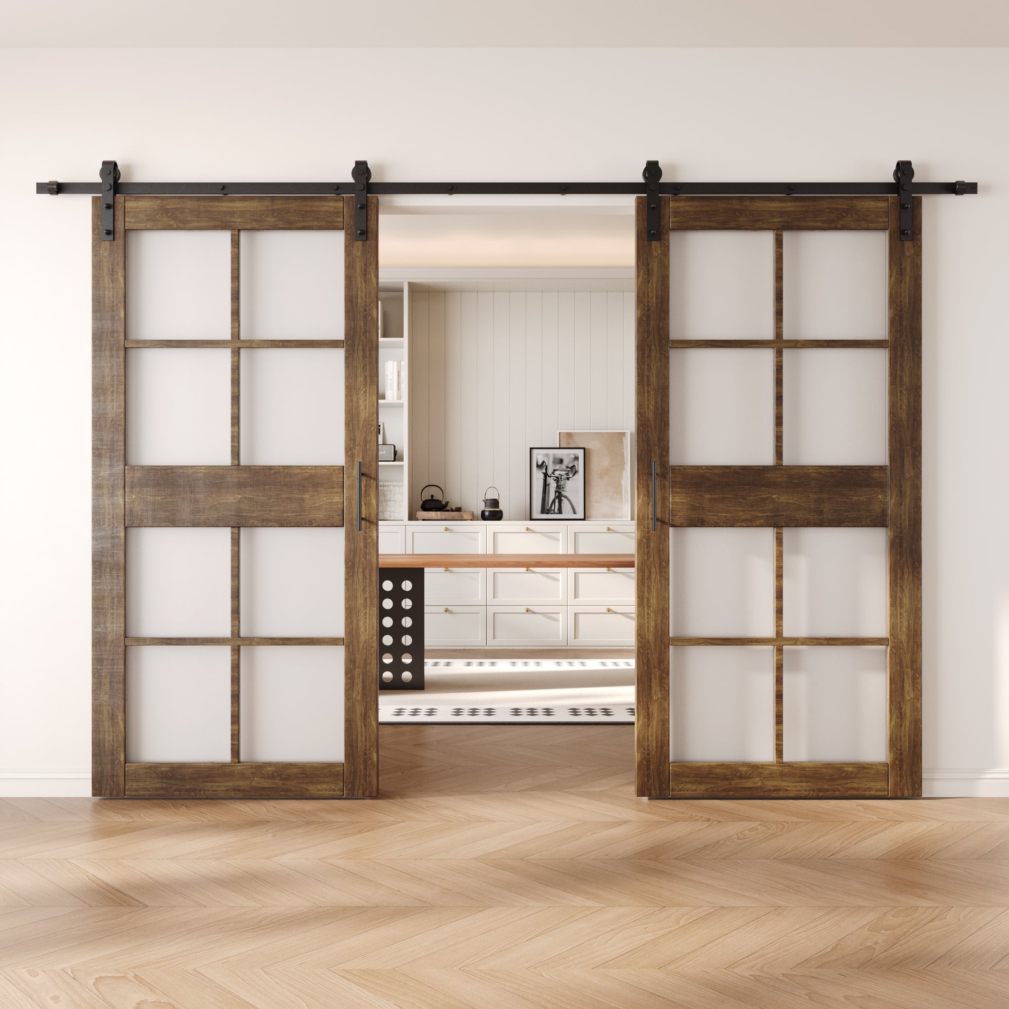 84" Height Dark Walnut 8-Lite Frosted Glass Double Unassembled & Finished Pine Wood Barn Doors with Non-Bypass Installation Hardware Kit (Interior Use Only)