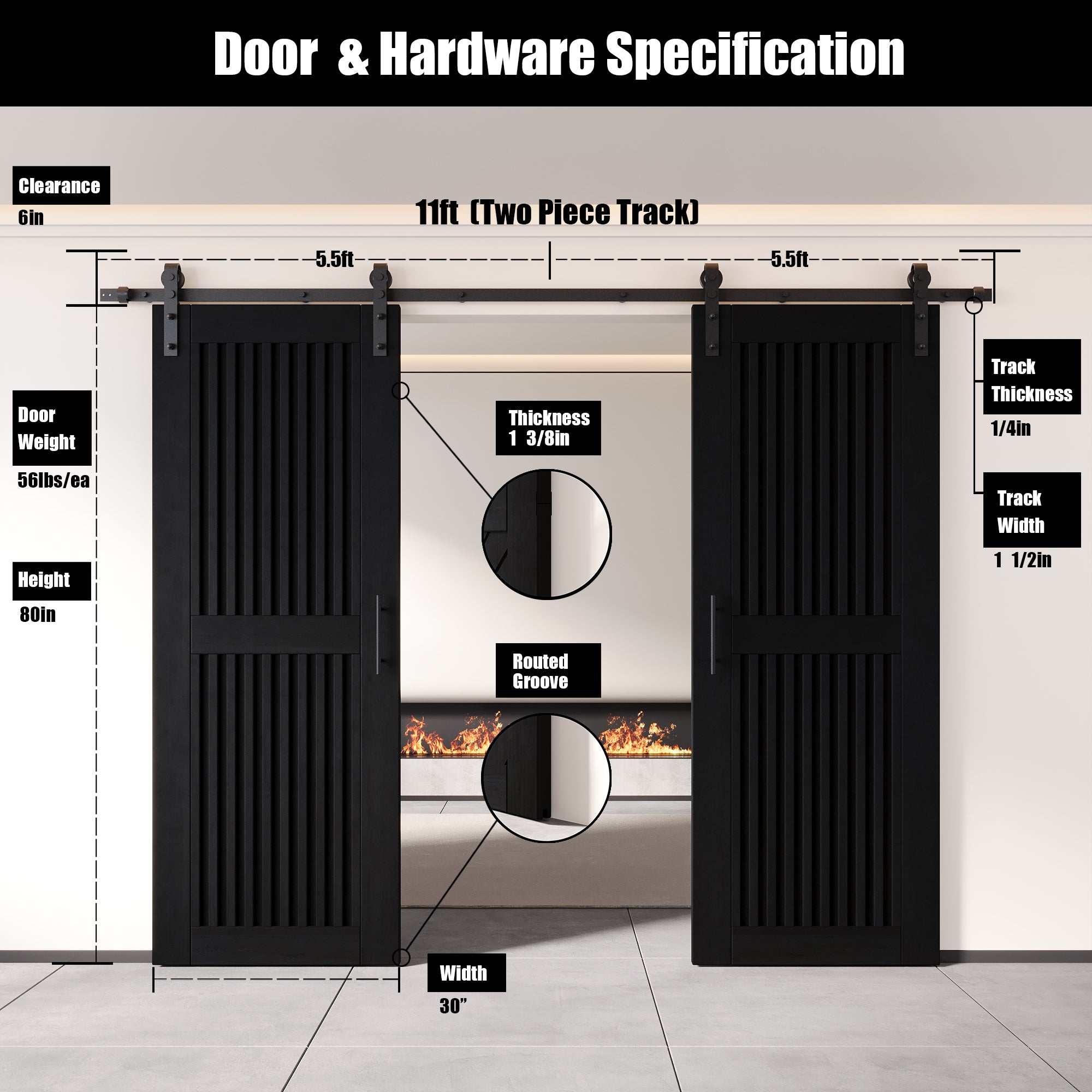 80" Height Black Vertical Stripe Design Unassembled & Finished Double Pine Wood Barn Door with Non-Bypass Installation Hardware Kit(Interior Use Only)