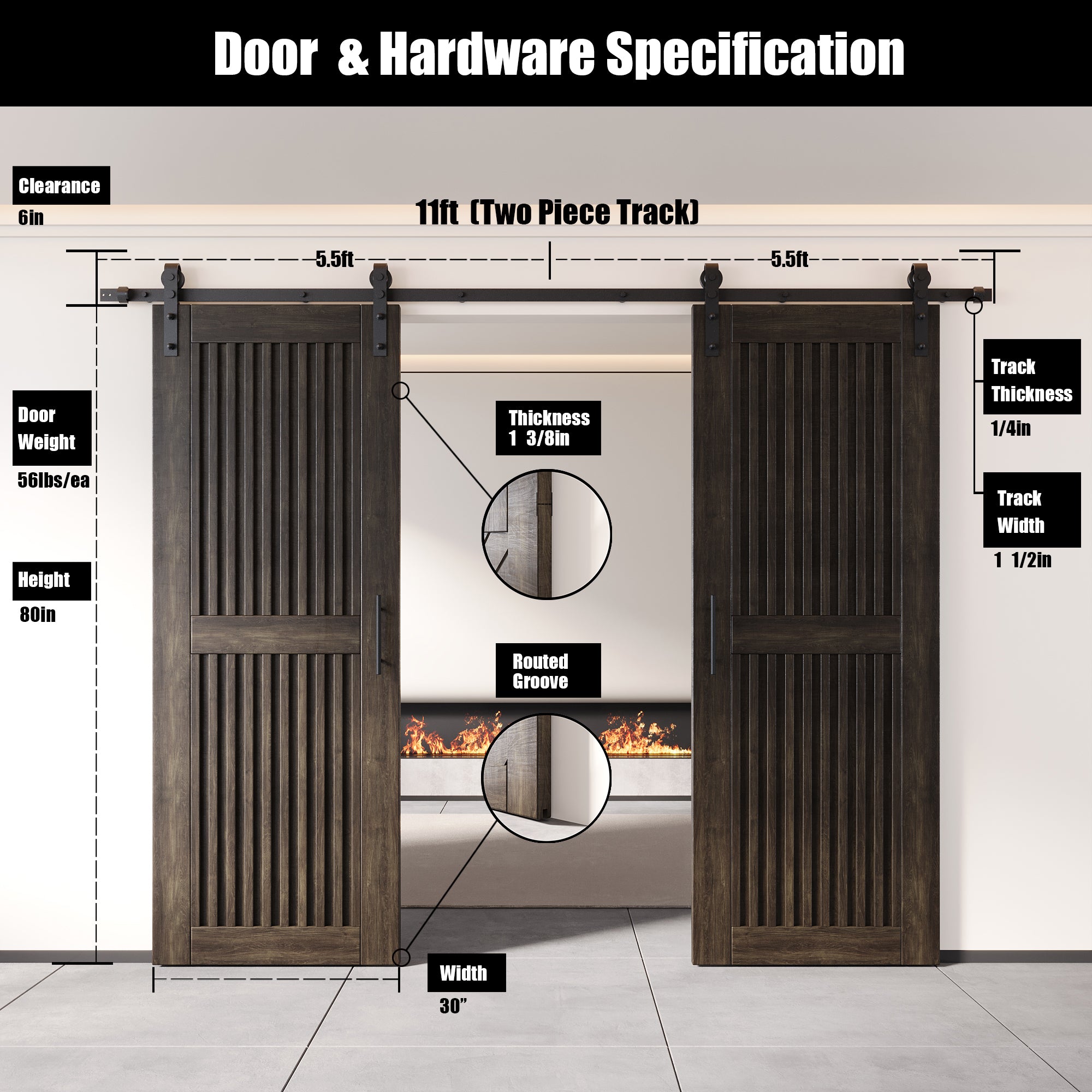 80" Height Ebony Vertical Stripe Design Unassembled & Finished Double Pine Wood Barn Door with Non-Bypass Installation Hardware Kit(Interior Use Only)