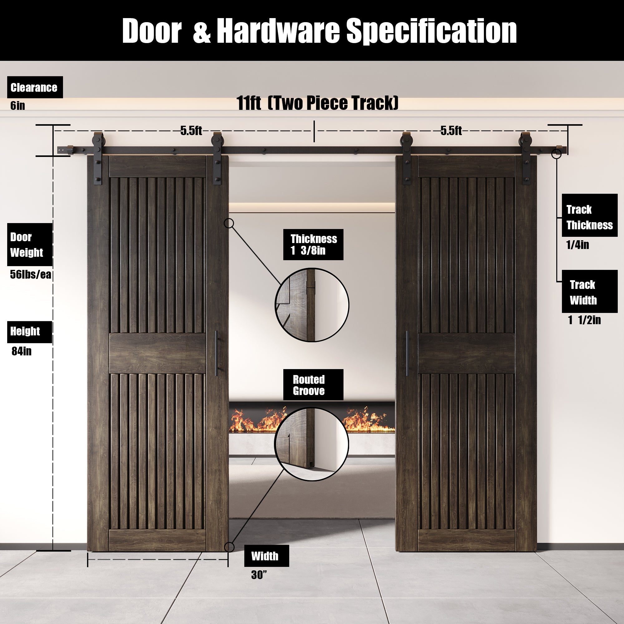 84" Height Ebony Vertical Stripe Design Unassembled & Finished Double Pine Wood Barn Door with Non-Bypass Installation Hardware Kit(Interior Use Only)