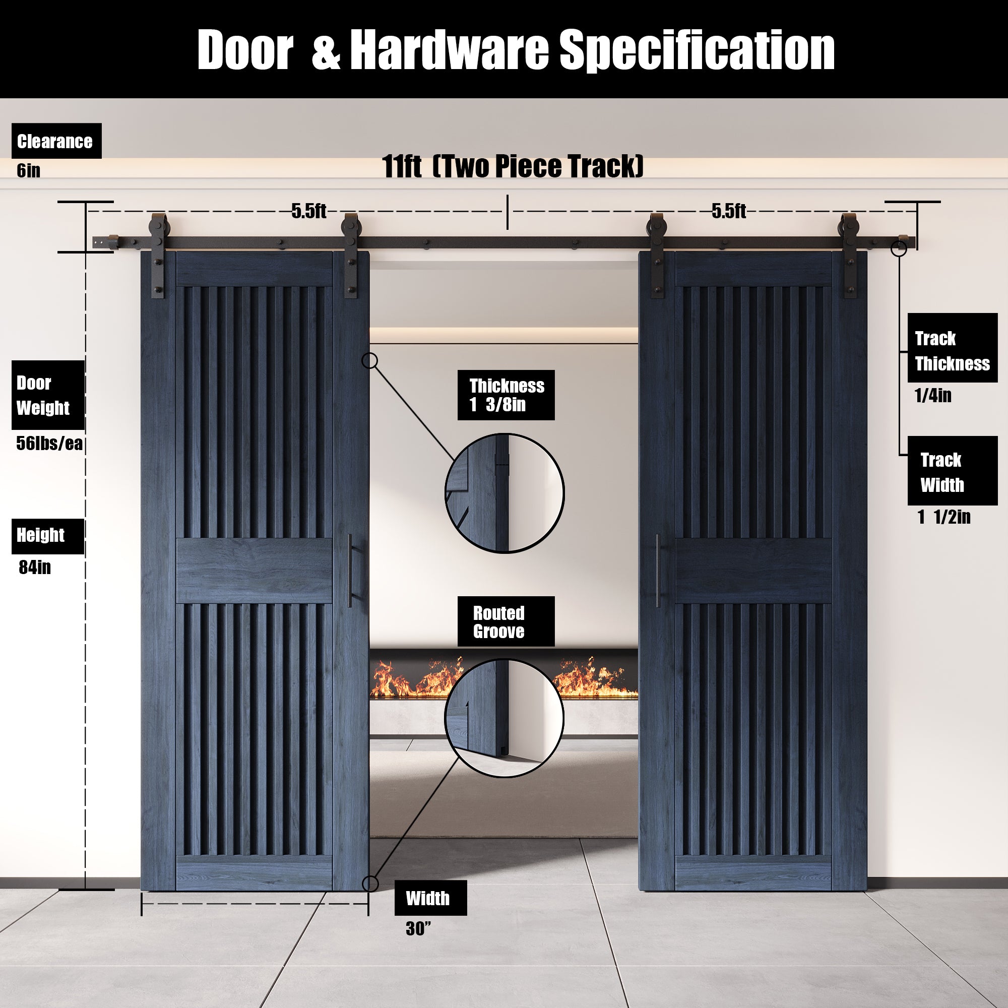 84" Height Navy Vertical Stripe Design Unassembled & Finished Double Pine Wood Barn Door with Non-Bypass Installation Hardware Kit(Interior Use Only)