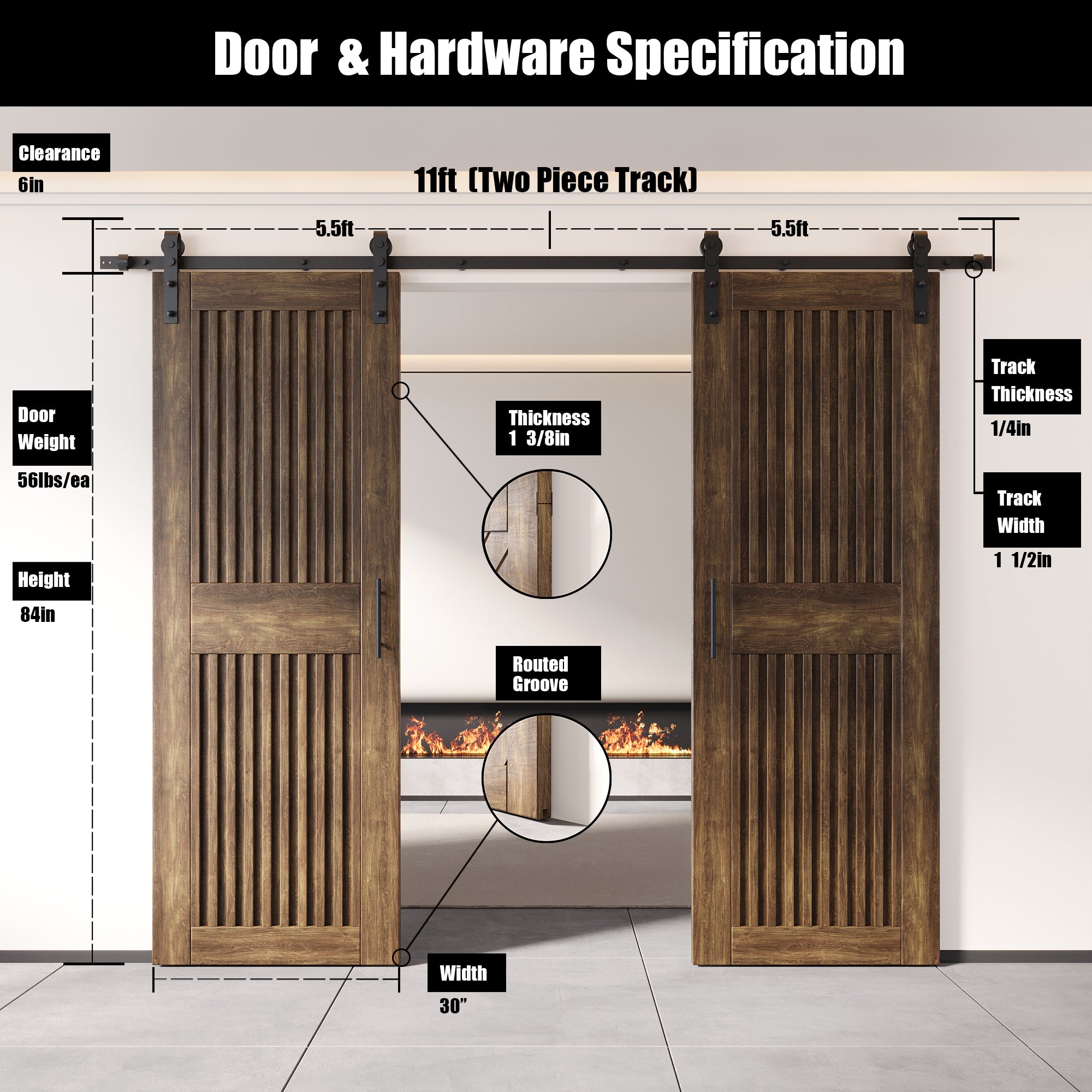 84" Height Dark Walnut Vertical Stripe Design Unassembled & Finished Double Pine Wood Barn Door with Non-Bypass Installation Hardware Kit(Interior Use Only)