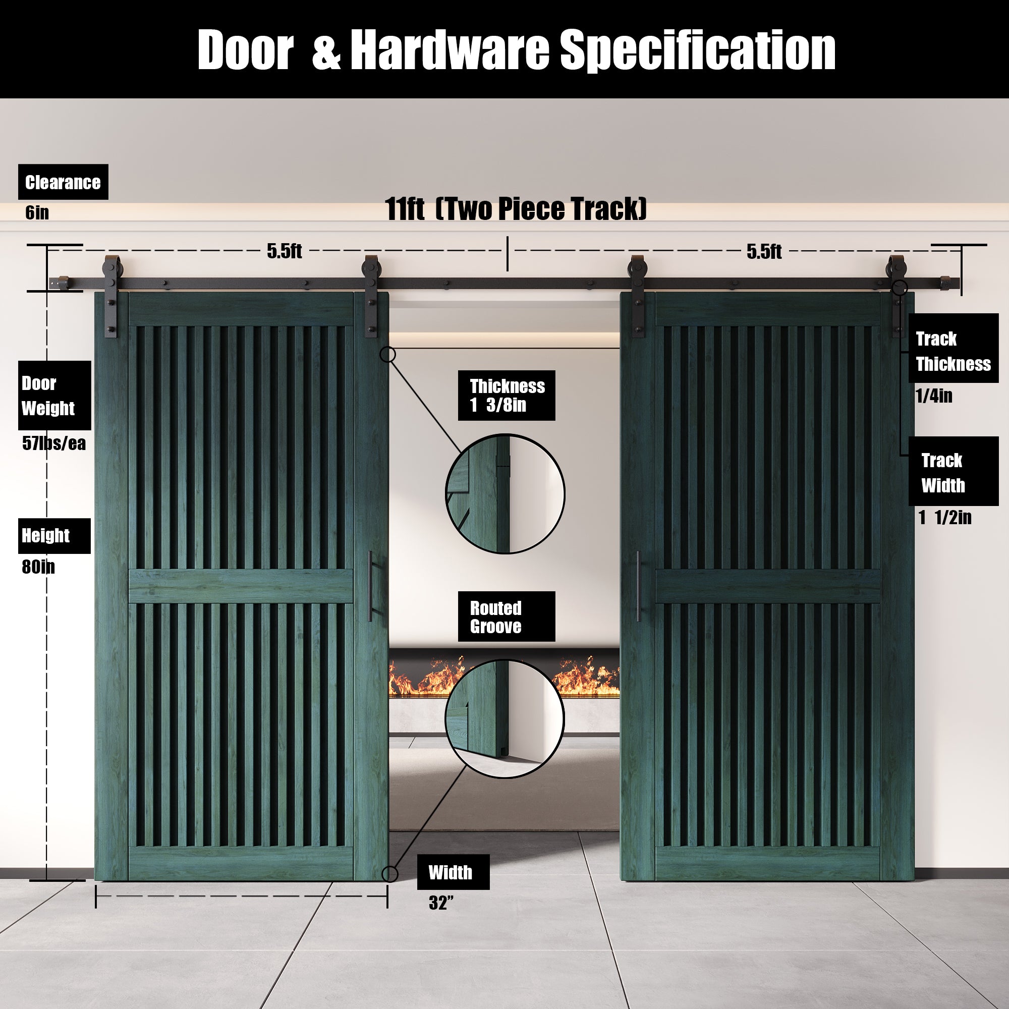 80" Height Royal Pine Vertical Stripe Design Unassembled & Finished Double Pine Wood Barn Door with Non-Bypass Installation Hardware Kit(Interior Use Only)