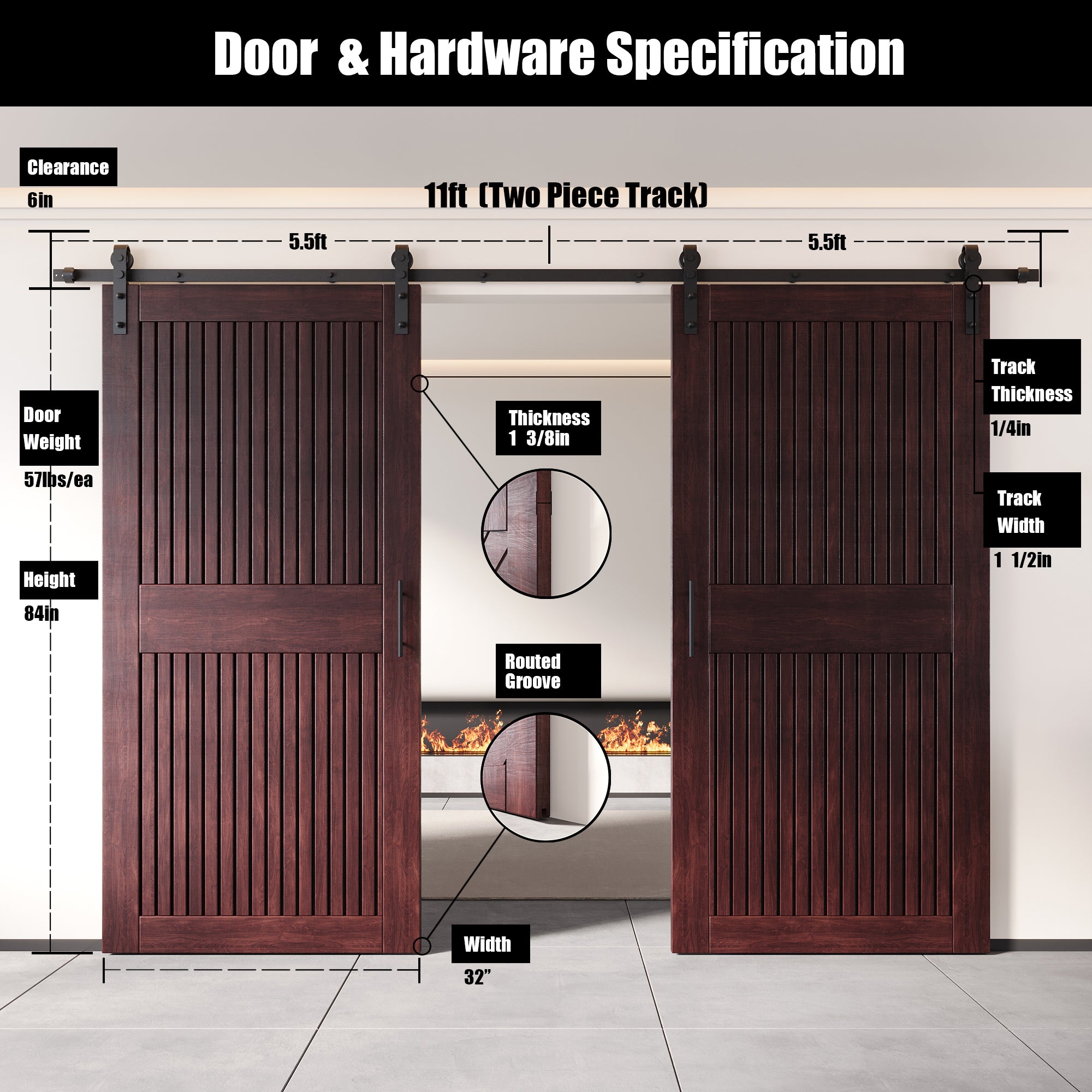 84" Height Red Mahogany Vertical Stripe Design Unassembled & Finished Double Pine Wood Barn Door with Non-Bypass Installation Hardware Kit(Interior Use Only)