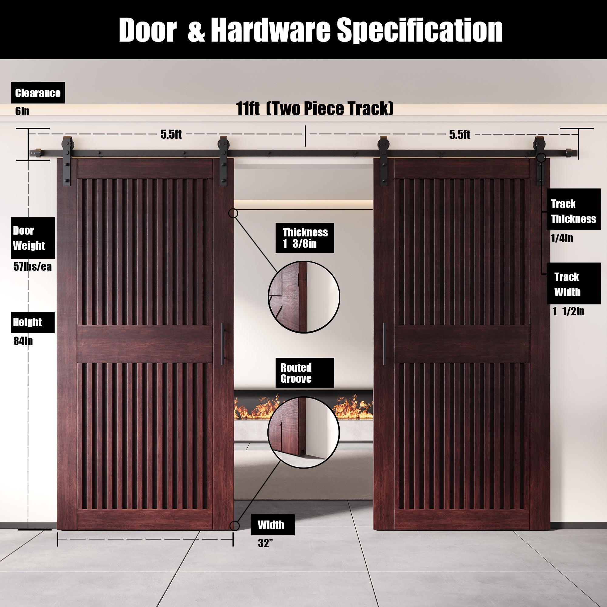 84" Height Red Mahogany Vertical Stripe Design Unassembled & Finished Double Pine Wood Barn Door with Non-Bypass Installation Hardware Kit(Interior Use Only)