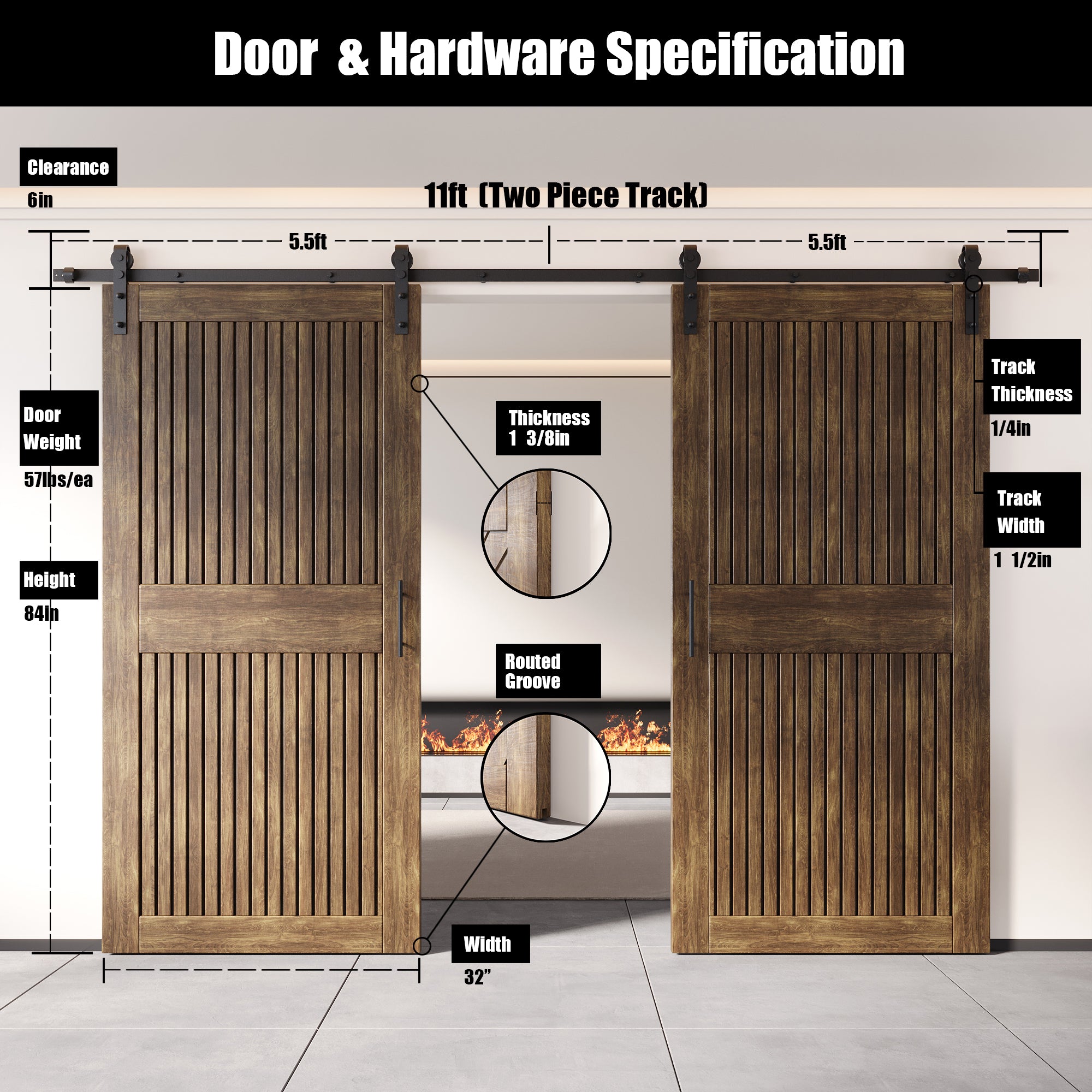 84" Height Dark Walnut Vertical Stripe Design Unassembled & Finished Double Pine Wood Barn Door with Non-Bypass Installation Hardware Kit(Interior Use Only)