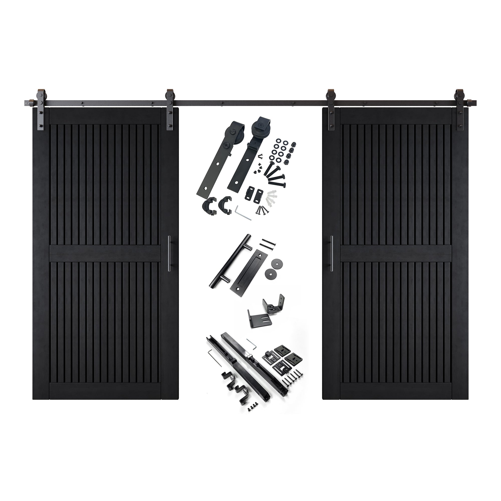 84" Height Black Vertical Stripe Design Unassembled & Finished Double Pine Wood Barn Door with Non-Bypass Installation Hardware Kit(Interior Use Only)