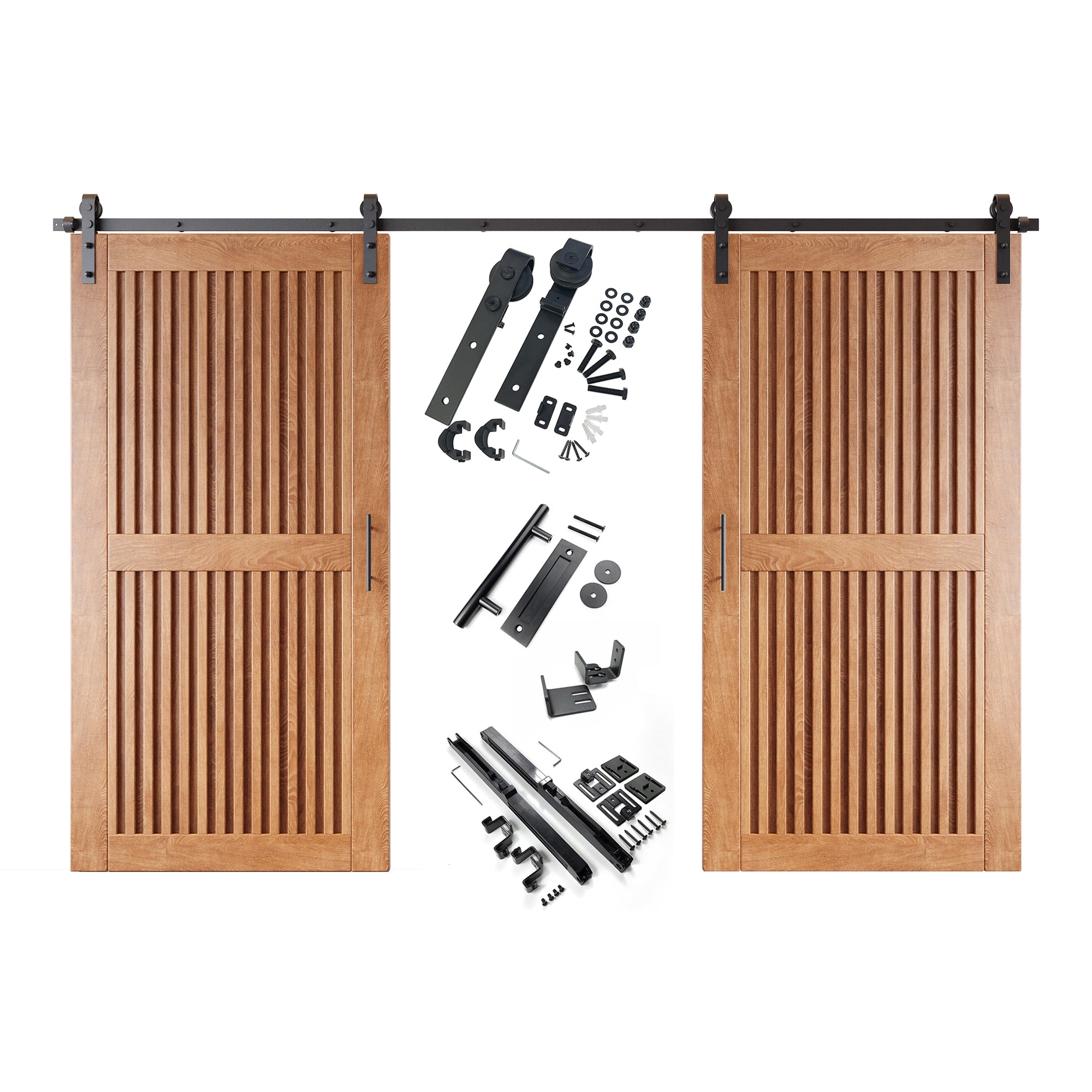 80" Height Early American Vertical Stripe Design Unassembled & Finished Double Pine Wood Barn Door with Non-Bypass Installation Hardware Kit(Interior Use Only)