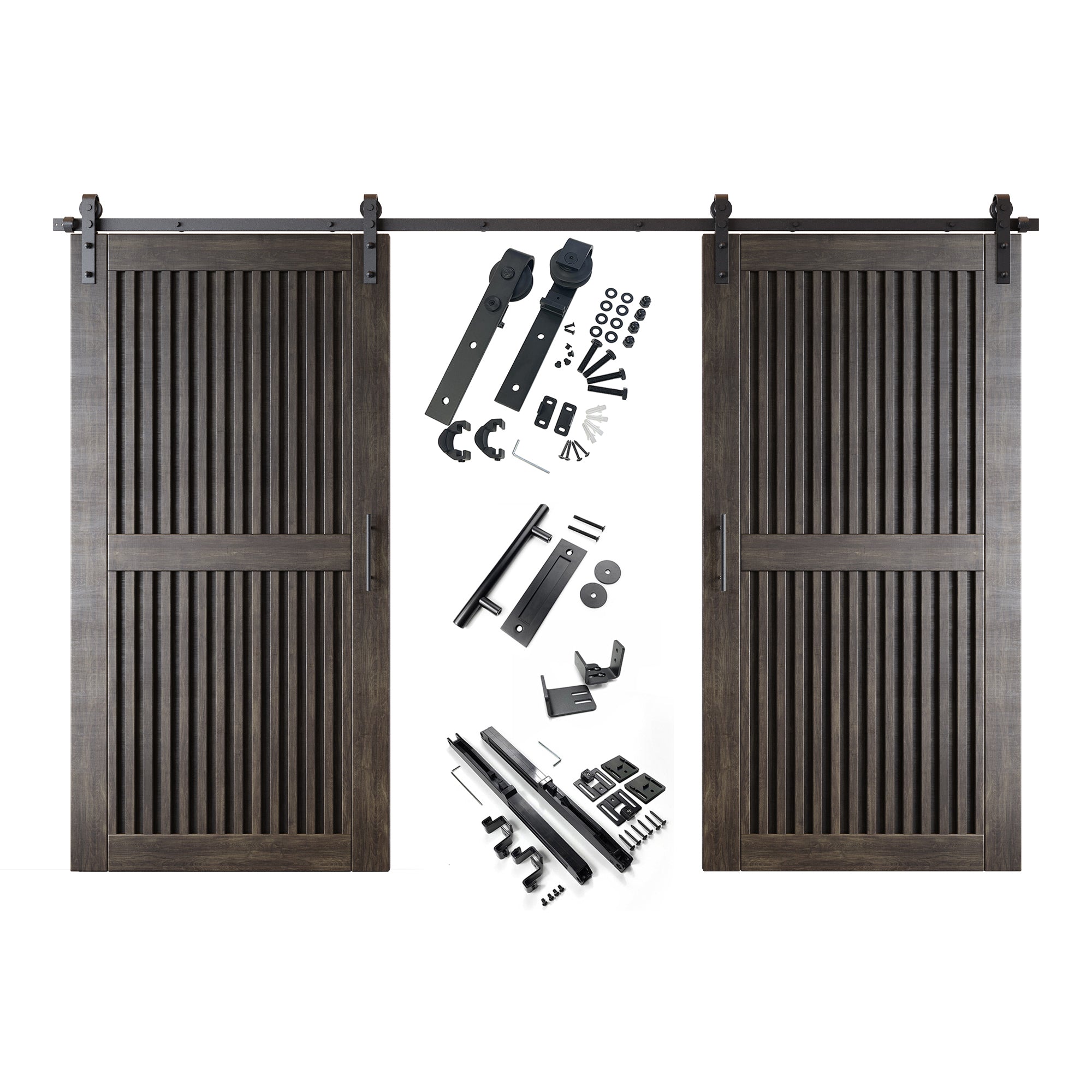 80" Height Ebony Vertical Stripe Design Unassembled & Finished Double Pine Wood Barn Door with Non-Bypass Installation Hardware Kit(Interior Use Only)