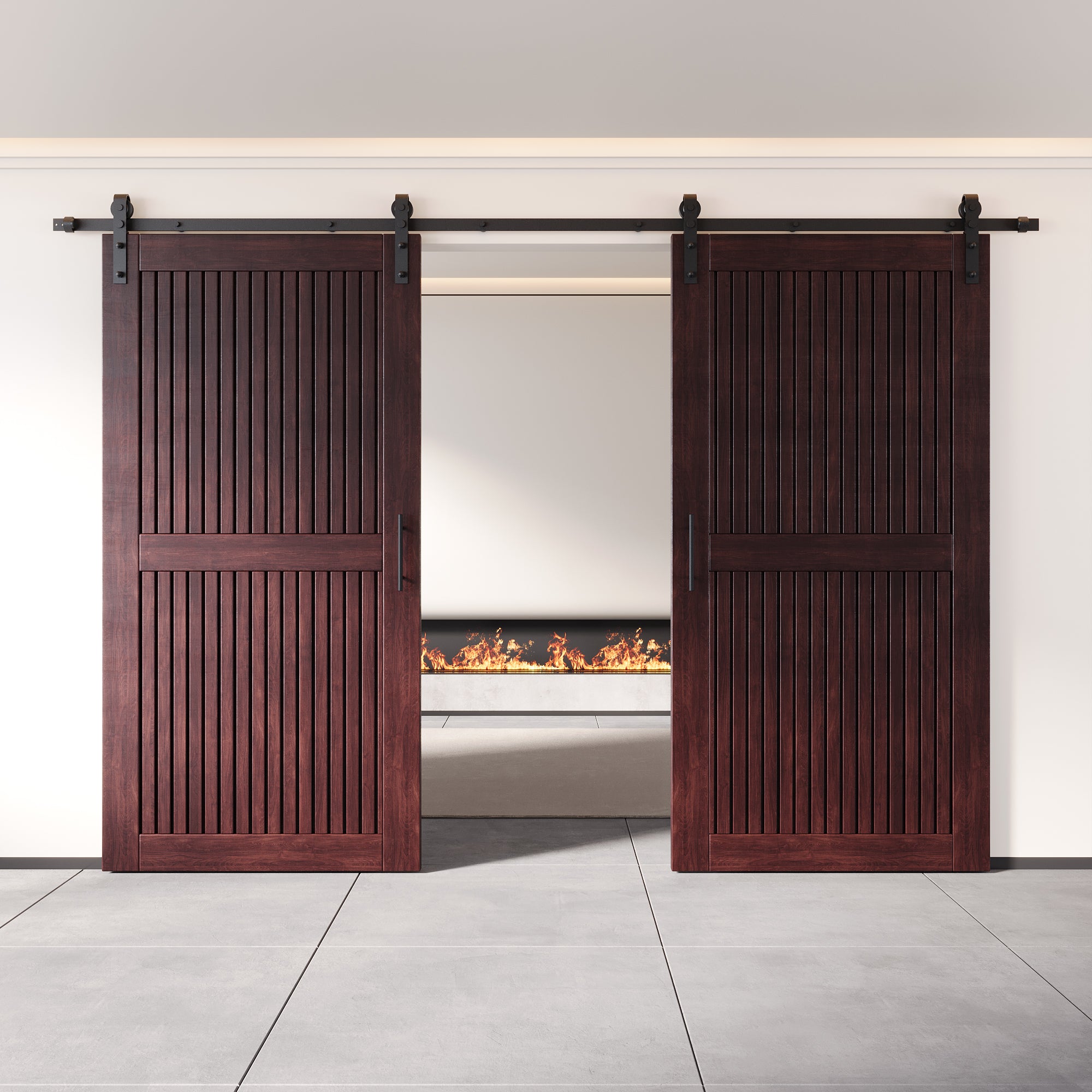 80" Height Red Mahogany Vertical Stripe Design Unassembled & Finished Double Pine Wood Barn Door with Non-Bypass Installation Hardware Kit(Interior Use Only)