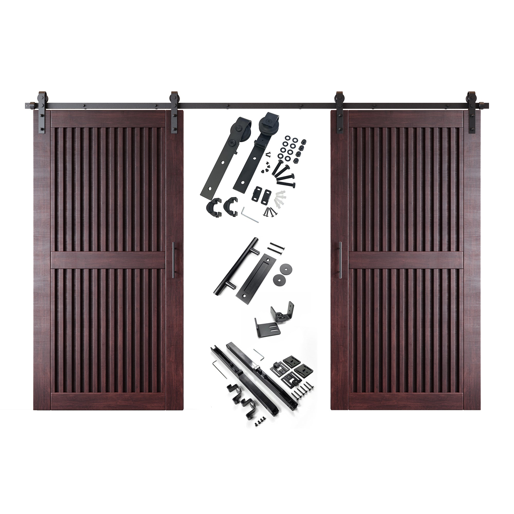 80" Height Red Mahogany Vertical Stripe Design Unassembled & Finished Double Pine Wood Barn Door with Non-Bypass Installation Hardware Kit(Interior Use Only)