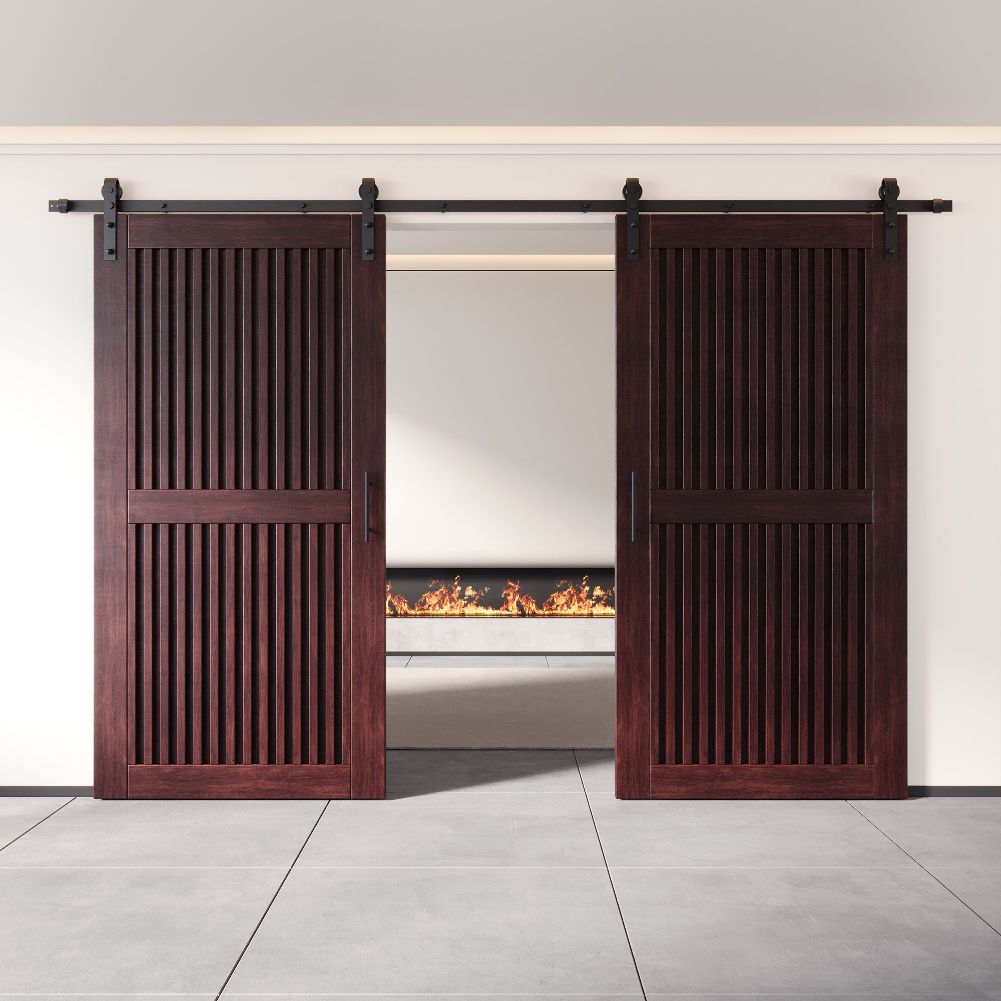 80" Height Red Mahogany Vertical Stripe Design Unassembled & Finished Double Pine Wood Barn Door with Non-Bypass Installation Hardware Kit(Interior Use Only)