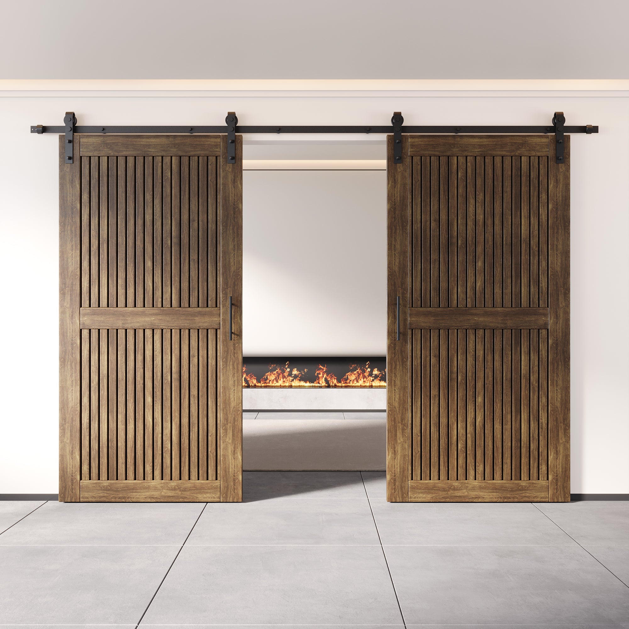 80" Height Dark Walnut Vertical Stripe Design Unassembled & Finished Double Pine Wood Barn Door with Non-Bypass Installation Hardware Kit(Interior Use Only)