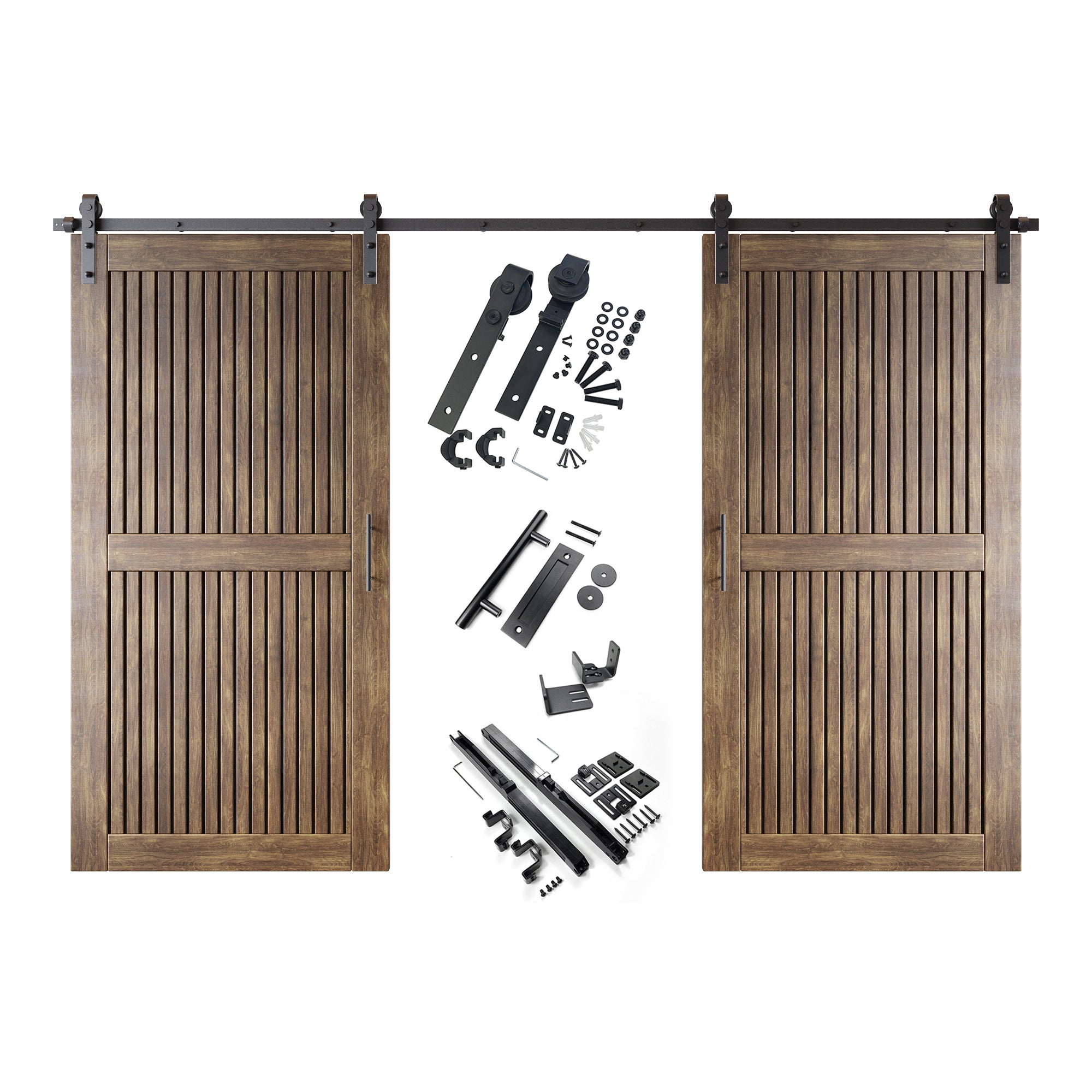 80" Height Dark Walnut Vertical Stripe Design Unassembled & Finished Double Pine Wood Barn Door with Non-Bypass Installation Hardware Kit(Interior Use Only)