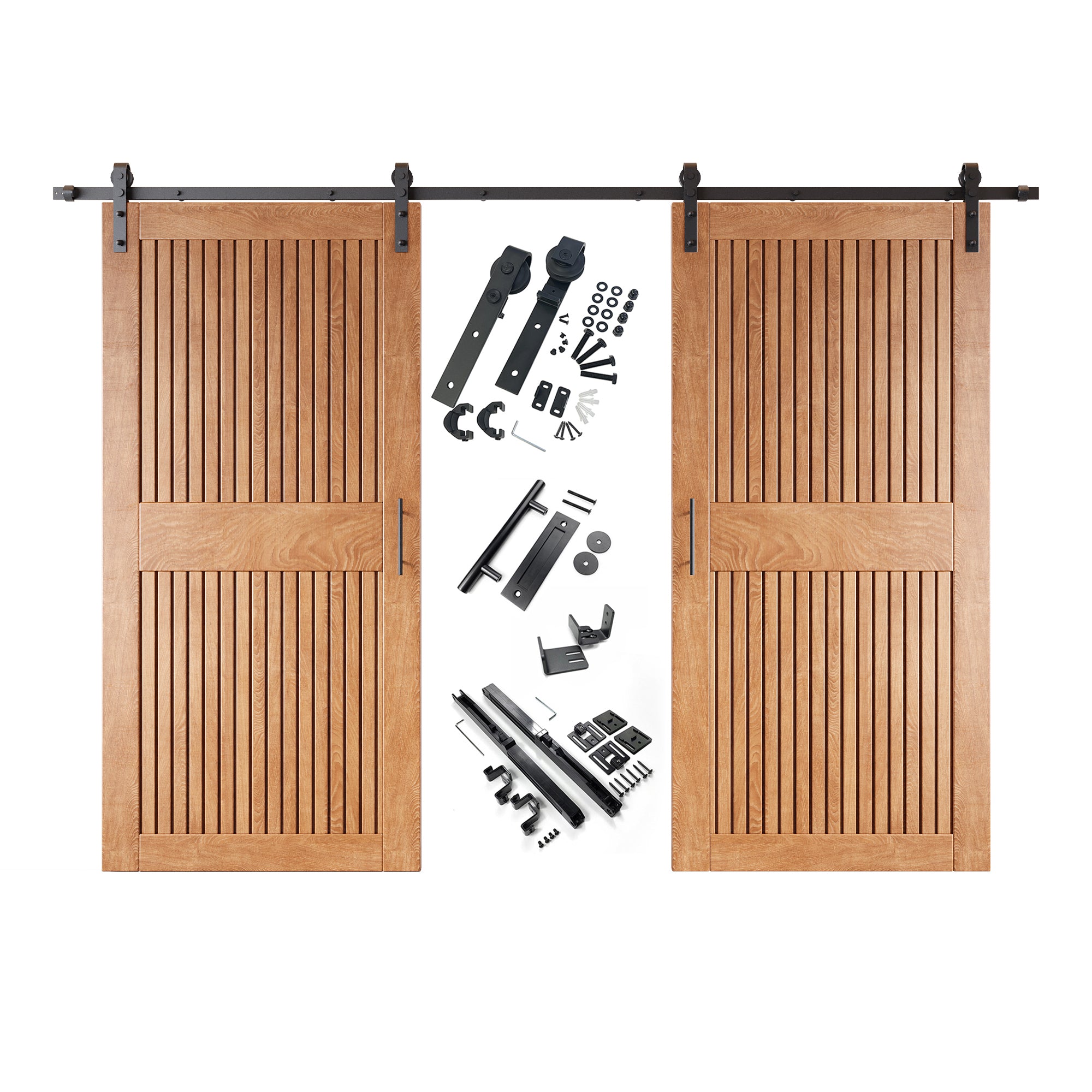 84" Height Early American Vertical Stripe Design Unassembled & Finished Double Pine Wood Barn Door with Non-Bypass Installation Hardware Kit(Interior Use Only)