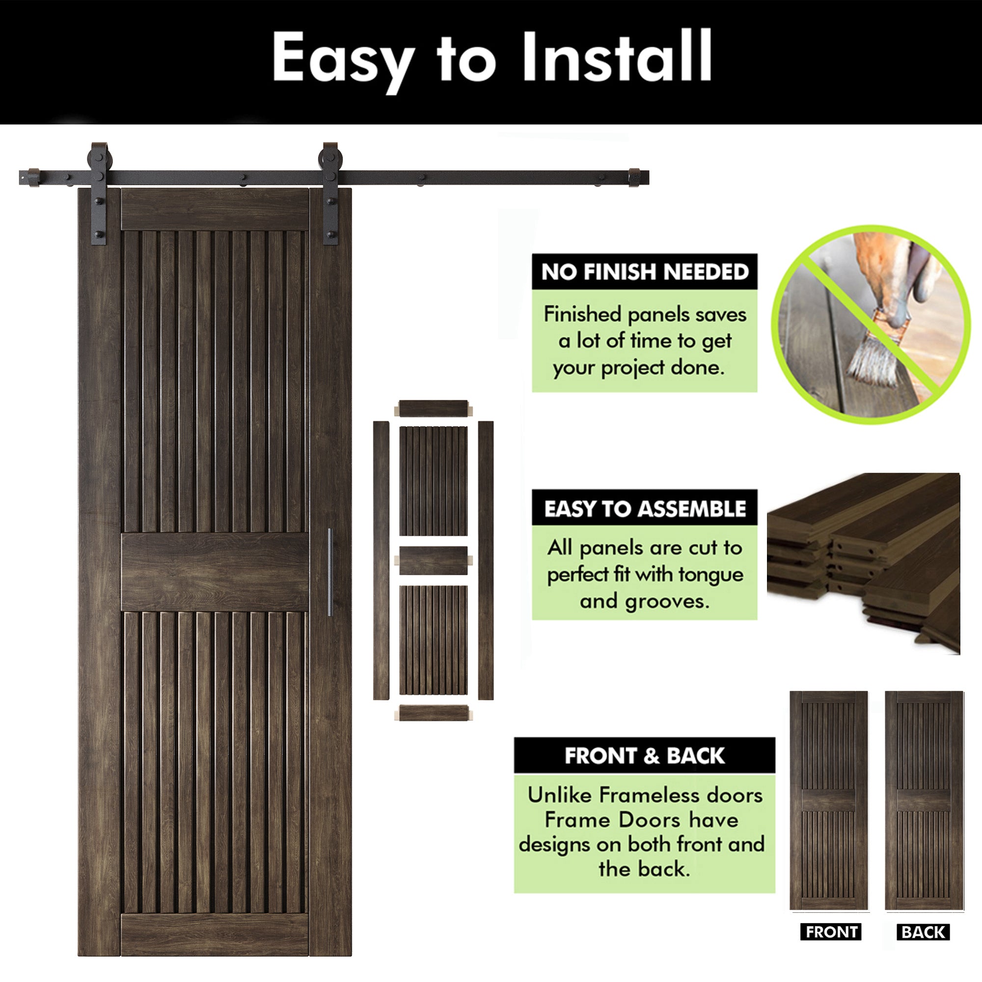 84" Height Ebony Vertical Stripe Design Unassembled & Finished Double Pine Wood Barn Door with Non-Bypass Installation Hardware Kit(Interior Use Only)
