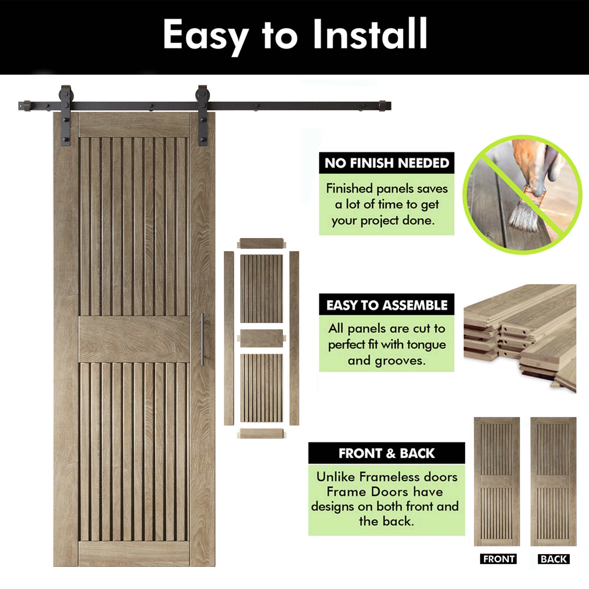 84" Height Classic Gray Vertical Stripe Design Unassembled & Finished Double Pine Wood Barn Door with Non-Bypass Installation Hardware Kit(Interior Use Only)