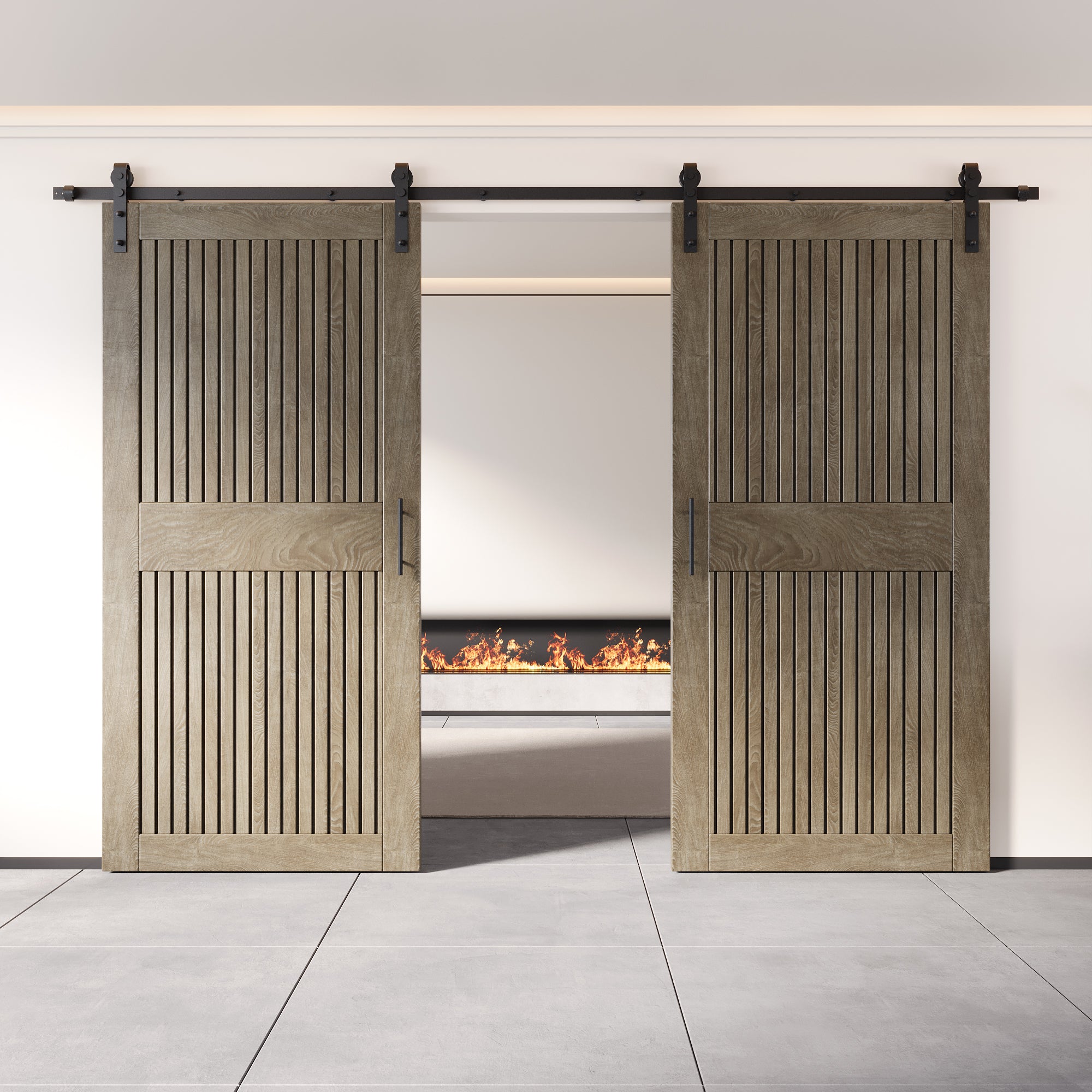84" Height Classic Gray Vertical Stripe Design Unassembled & Finished Double Pine Wood Barn Door with Non-Bypass Installation Hardware Kit(Interior Use Only)