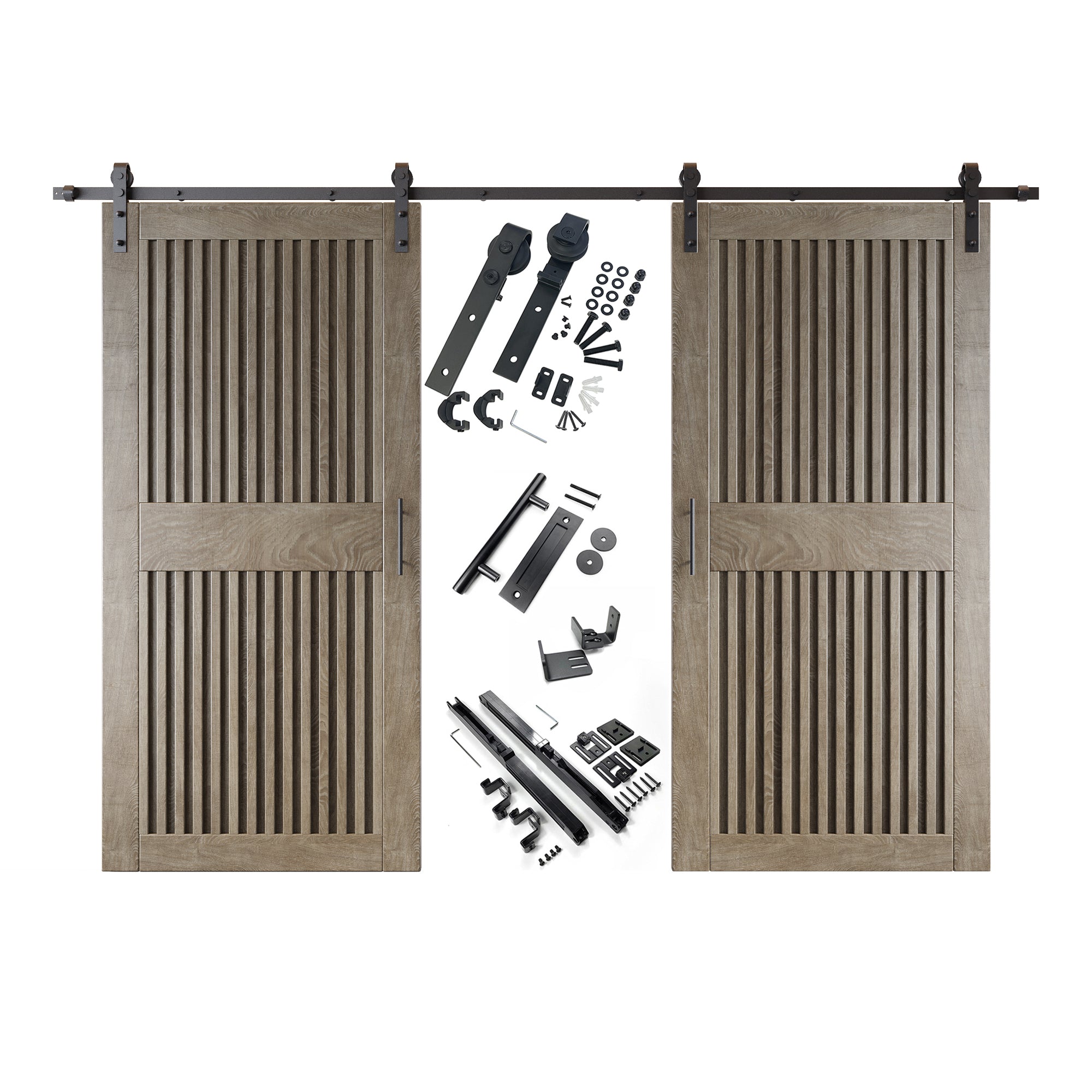 84" Height Classic Gray Vertical Stripe Design Unassembled & Finished Double Pine Wood Barn Door with Non-Bypass Installation Hardware Kit(Interior Use Only)