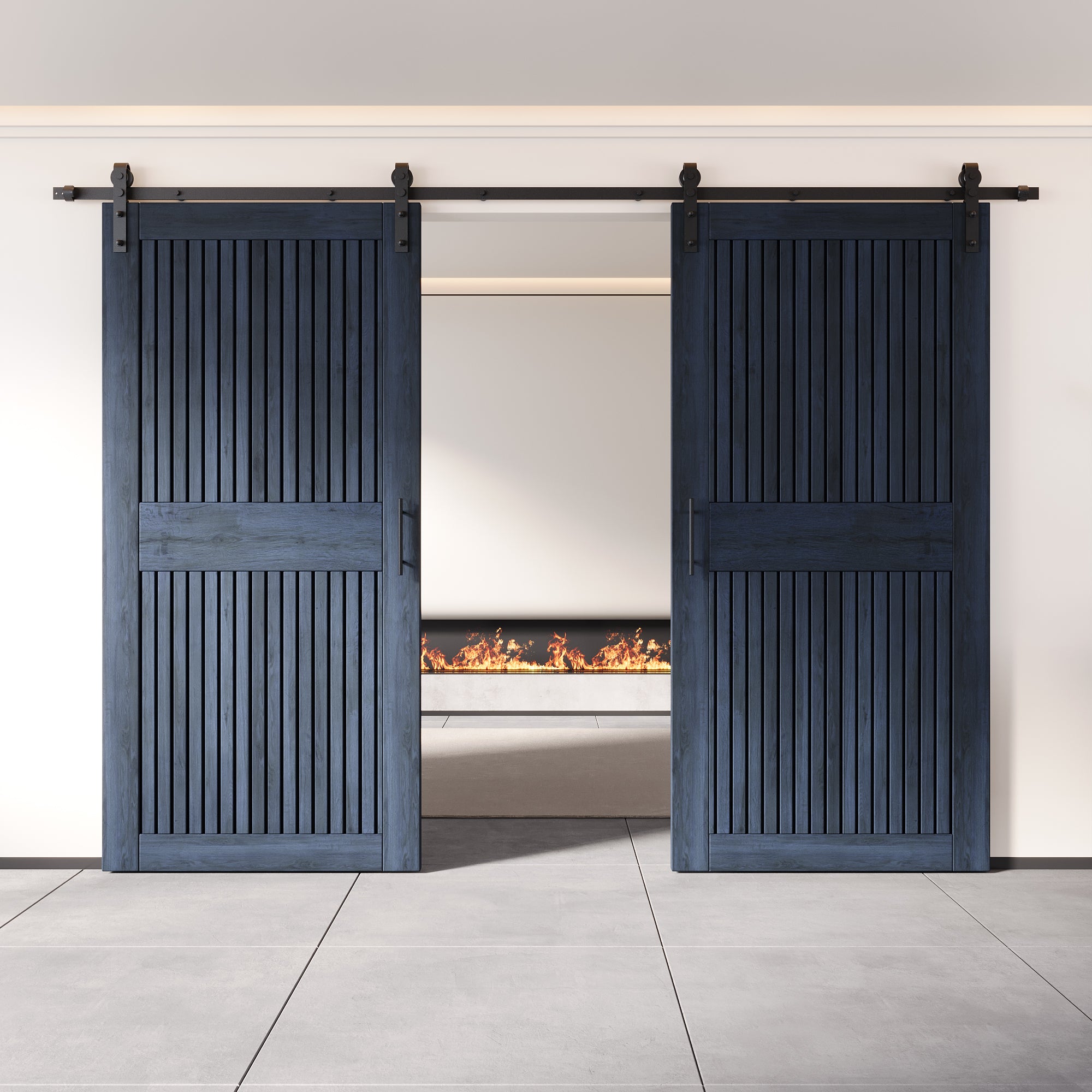 84" Height Navy Vertical Stripe Design Unassembled & Finished Double Pine Wood Barn Door with Non-Bypass Installation Hardware Kit(Interior Use Only)