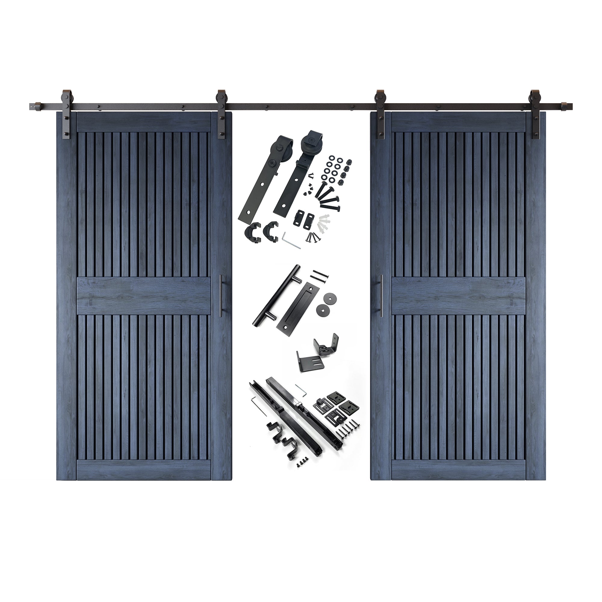 84" Height Navy Vertical Stripe Design Unassembled & Finished Double Pine Wood Barn Door with Non-Bypass Installation Hardware Kit(Interior Use Only)