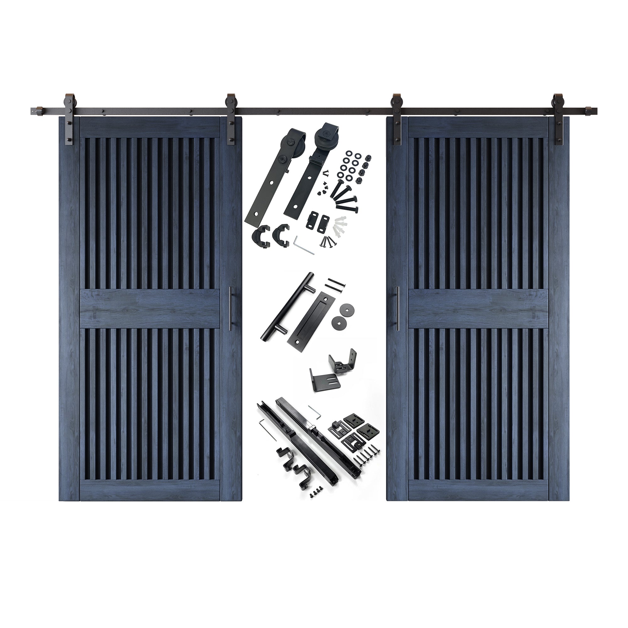 84" Height Navy Vertical Stripe Design Unassembled & Finished Double Pine Wood Barn Door with Non-Bypass Installation Hardware Kit(Interior Use Only)