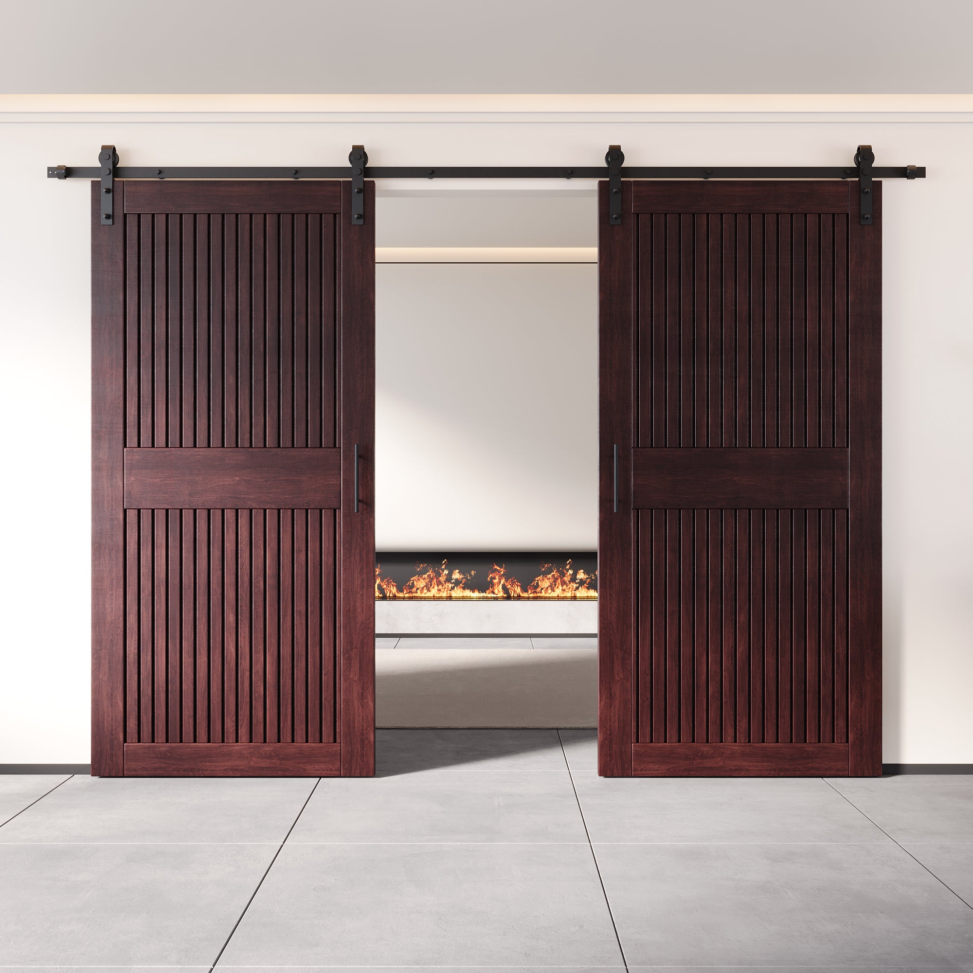84" Height Red Mahogany Vertical Stripe Design Unassembled & Finished Double Pine Wood Barn Door with Non-Bypass Installation Hardware Kit(Interior Use Only)