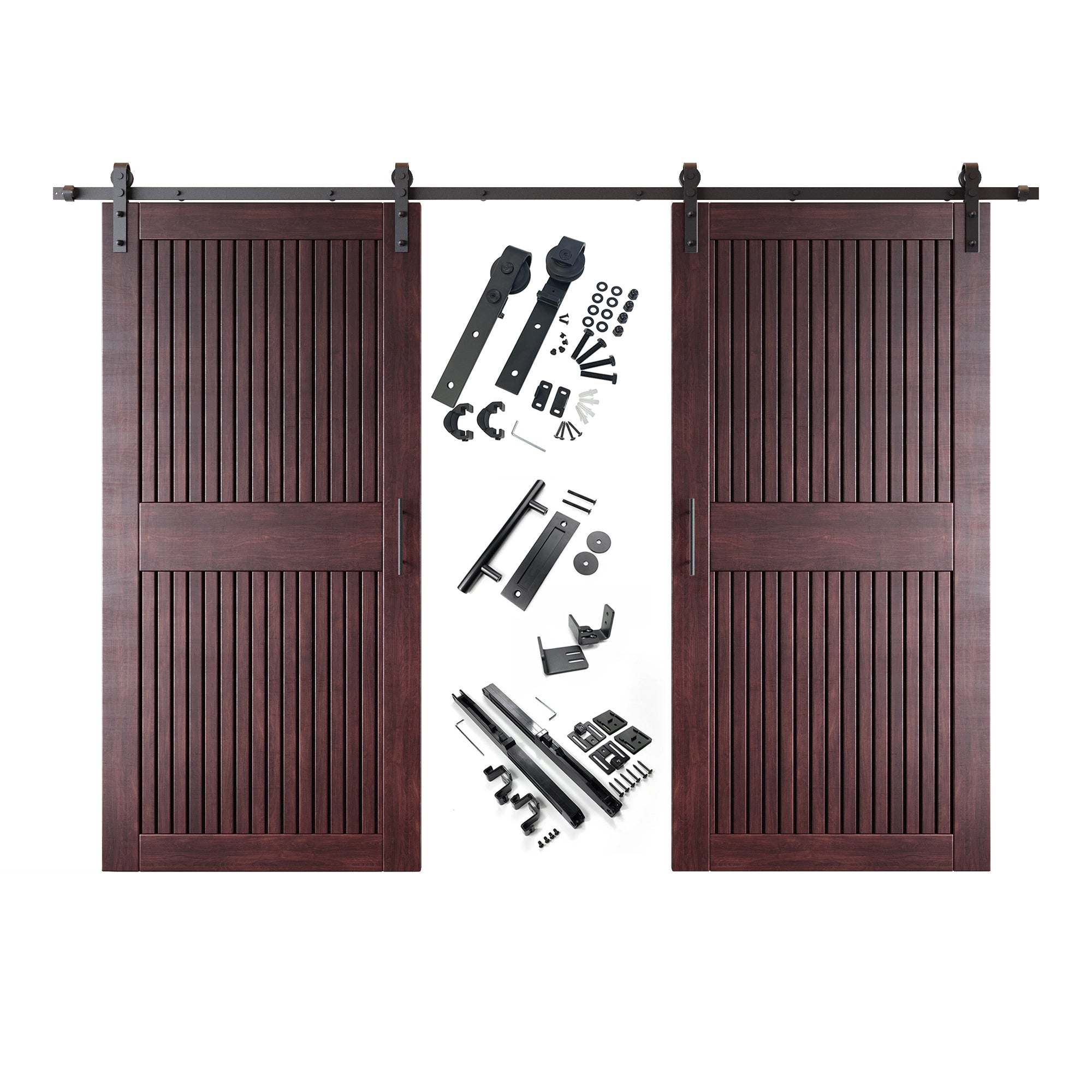 84" Height Red Mahogany Vertical Stripe Design Unassembled & Finished Double Pine Wood Barn Door with Non-Bypass Installation Hardware Kit(Interior Use Only)