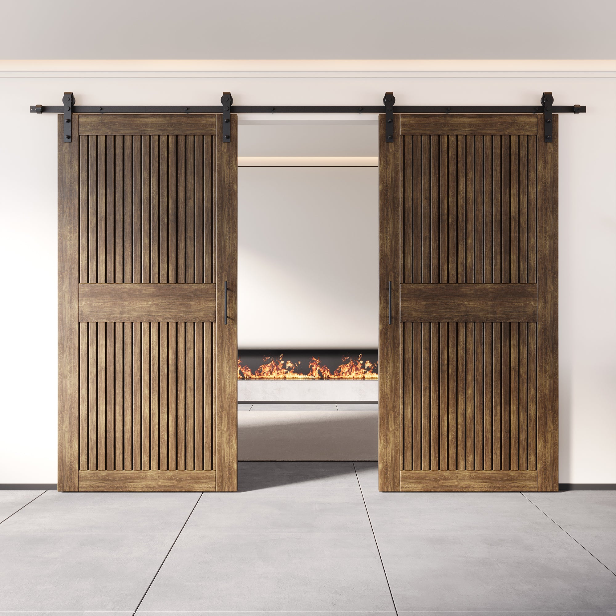 84" Height Dark Walnut Vertical Stripe Design Unassembled & Finished Double Pine Wood Barn Door with Non-Bypass Installation Hardware Kit(Interior Use Only)