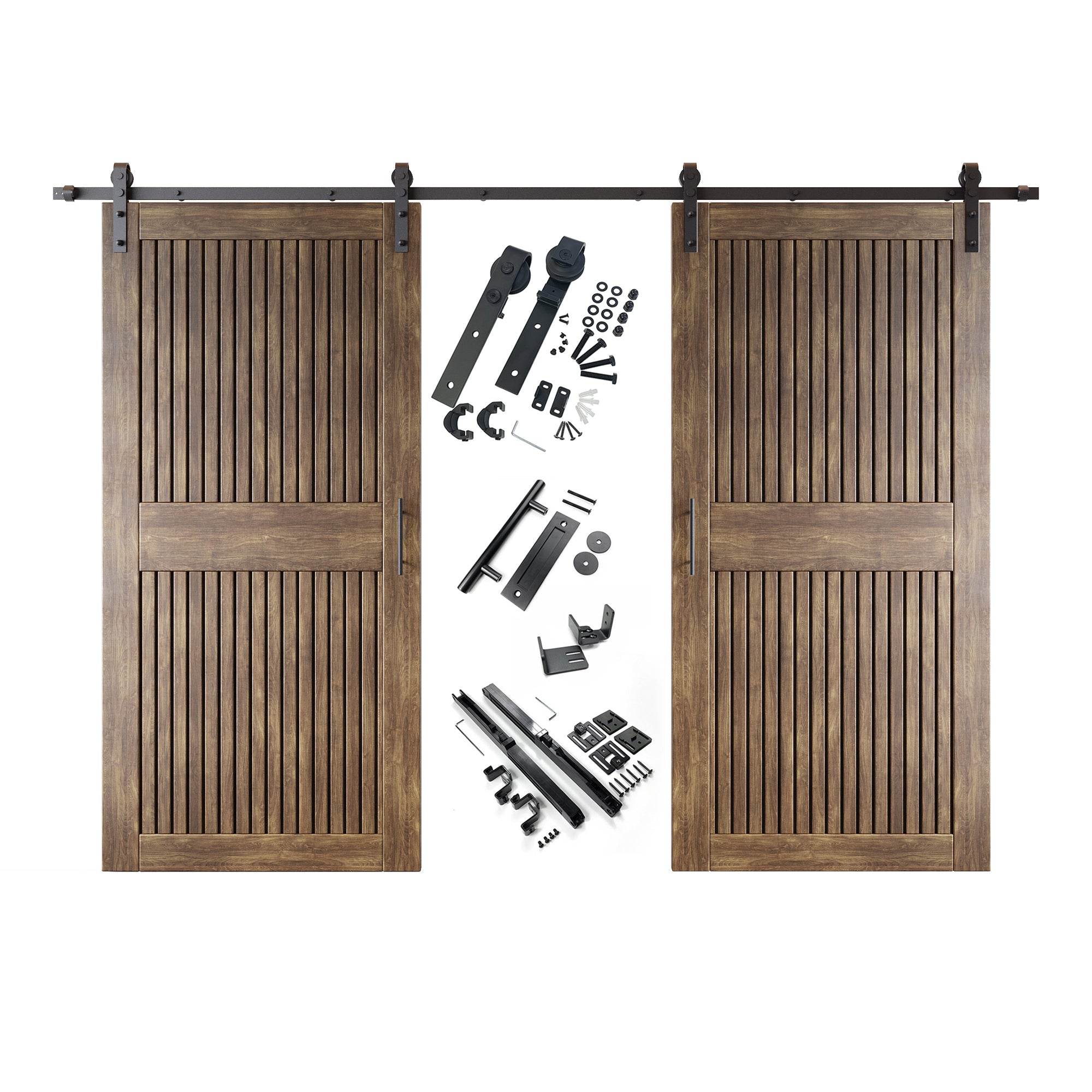 84" Height Dark Walnut Vertical Stripe Design Unassembled & Finished Double Pine Wood Barn Door with Non-Bypass Installation Hardware Kit(Interior Use Only)