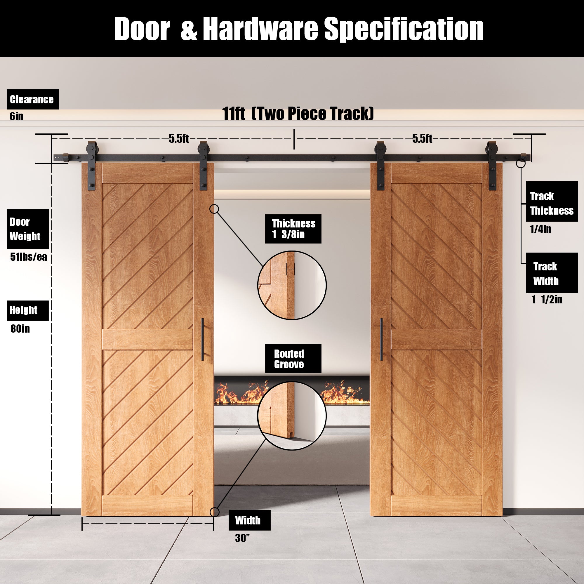 finished double pine barn door with hardware kit